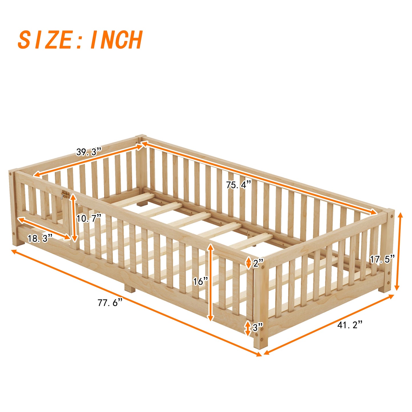 iRerts Twin Floor Bed Frame for Toddlers Kids, Wood Twin Montessori Bed Frame with Slats, Fence, Door, Kids Montessori Bed Twin Size, Twin Toddler Bed Frame for Boys Girls, Natural