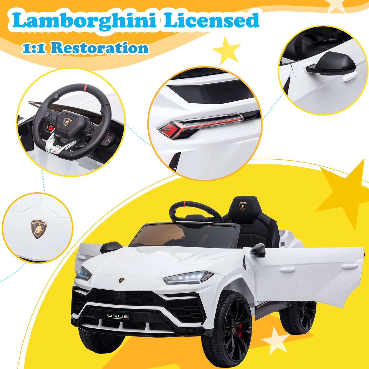 Licensed Lamborghini Ride on Car with Remote Control Kids Ride on Toy for Girls and Boys 12V Powered Electric Vehicles for 3-5 Years Old, USB, Ride on Truck, Headlight