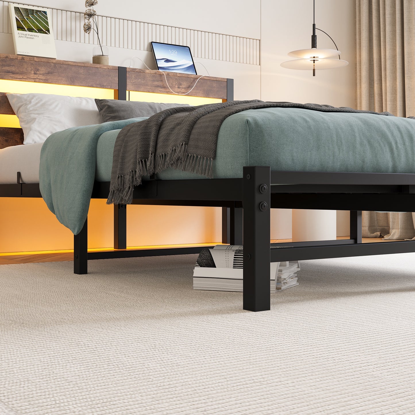 iRerts Full Bed Frame with Headboard, Metal Platform Bed Frame Full Size with USB Charging Station, LED Lights, Steel Slats, LED Bed Frame No Box Spring Needed for Bedroom Furniture, Brown