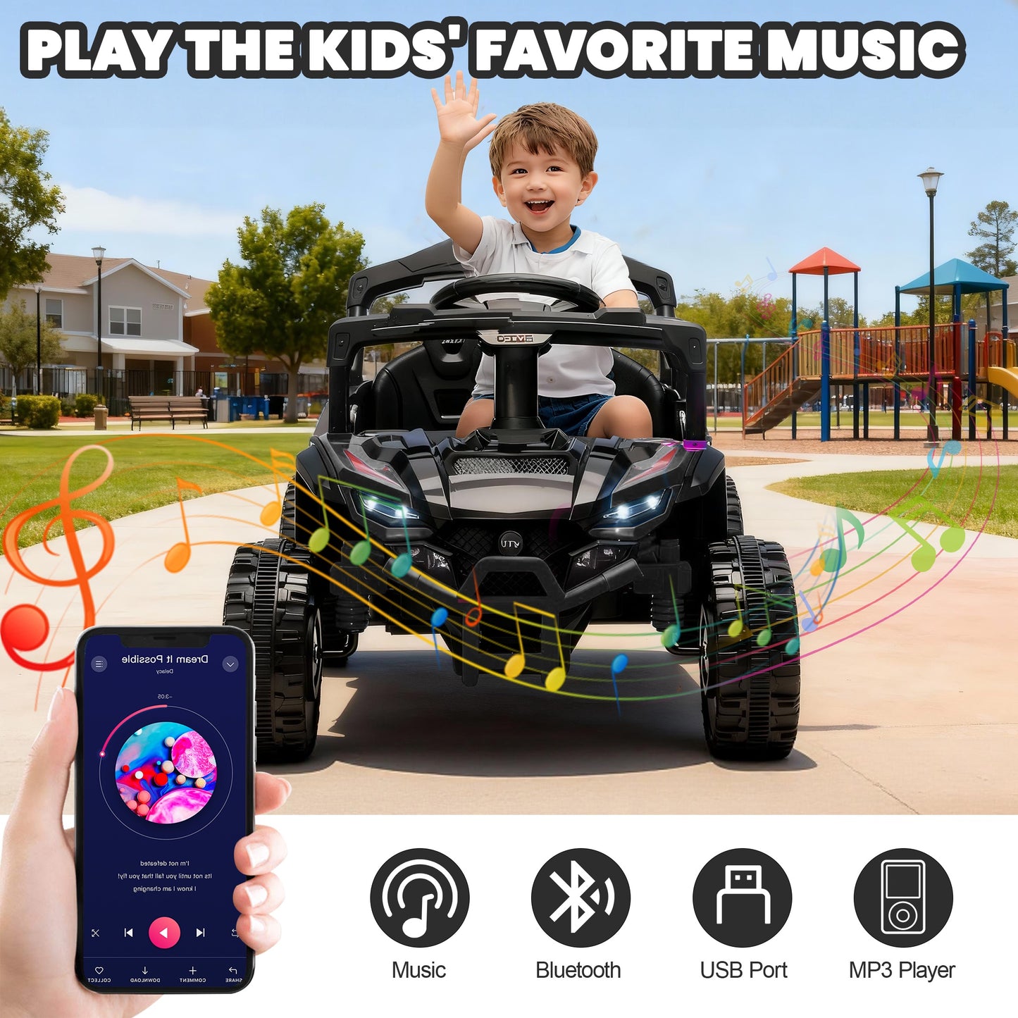 iRerts 24V Powered Ride on Car UTV, Kids Ride on Toys with Remote Control, Bluetooth, Music, 4 Wheels Suspension, LED Light, Kids Cars 4 Wheeler Electric Vehicles for Boys Girls Ages 3-5 Gifts, Black