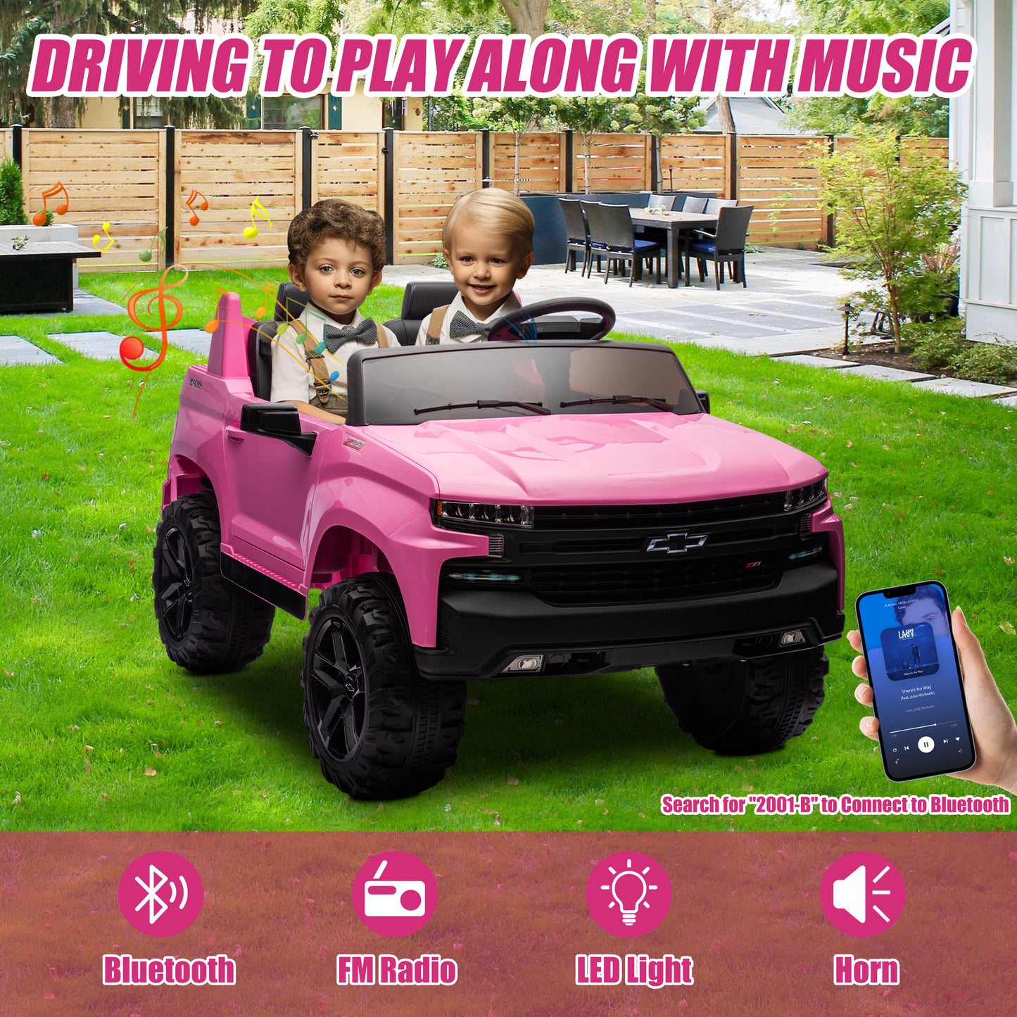 Chevrolet Silverado 24V Ride on Cars with Remote Control, 2 Seater 4 Wheels Kids Electric Cars with Bluetooth, LED Lights, Battery Powered Ride on Truck Toys for Boys Girls Christmas Gifts, Pink