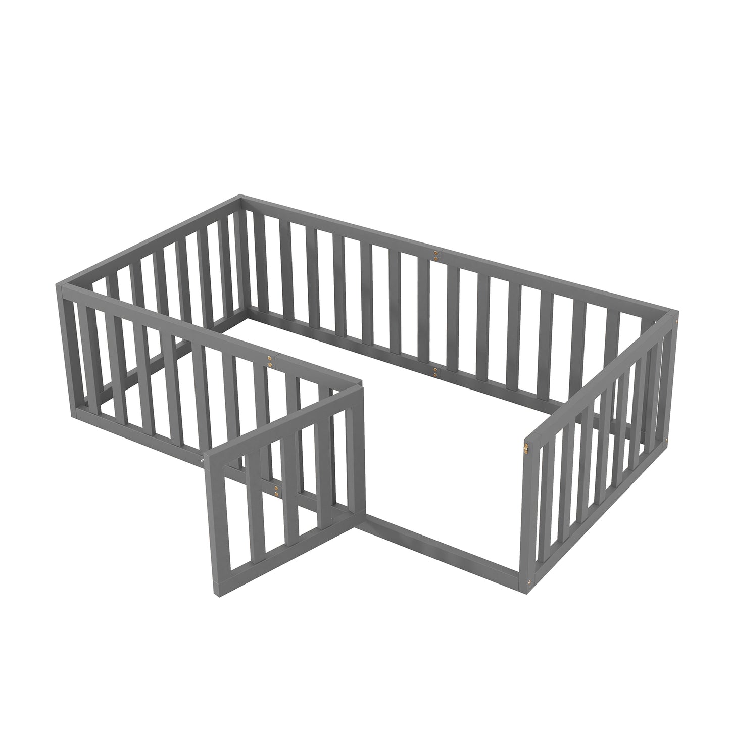 iRerts Twin Floor Bed Frame for Kids Toddlers, Wood Montessori Low Floor Twin Size Bed Frame with Fence Guardrail and Door, kids Twin Bed for Boys Girls, Spring Needed, Gray