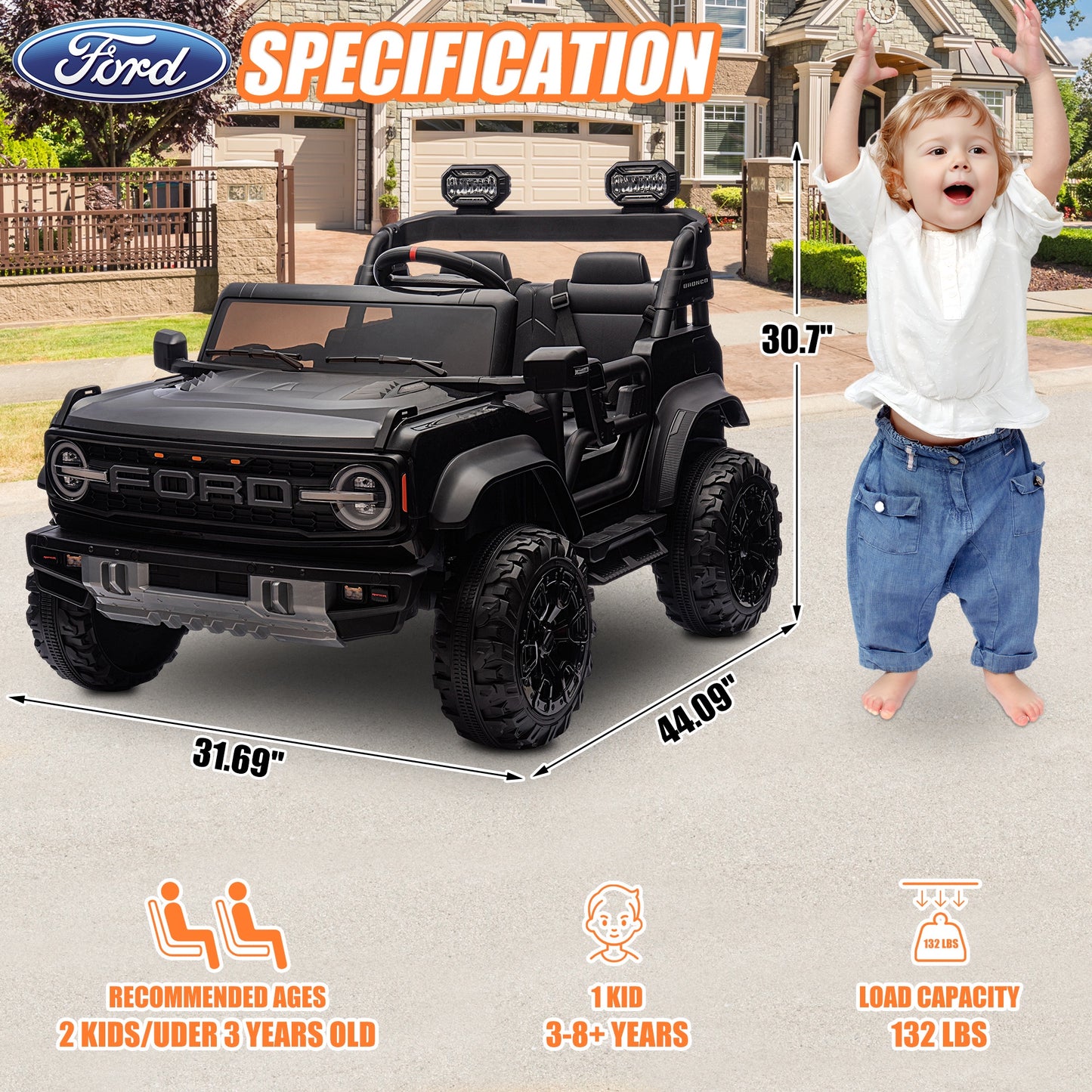24V 2 Seater Ride on Toy Car, Licensed Ford Bronco Raptor Ride on Trucks with Remote Control, Bluetooth Music Player, Spring Suspension, Battery Powered Electric Car for Kids Boys Girl Ages 3-8, Black