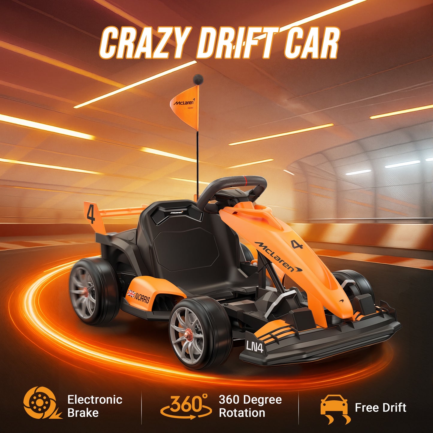 24V Go Kart for Kids Ages 6+, Licensed McLaren Electric Drift Kart Car Ride on Toys for Big Kids, Crazy Go Cart with Dual 250W Motors, Adjustable Seat, 7.5MPH, LED Lights