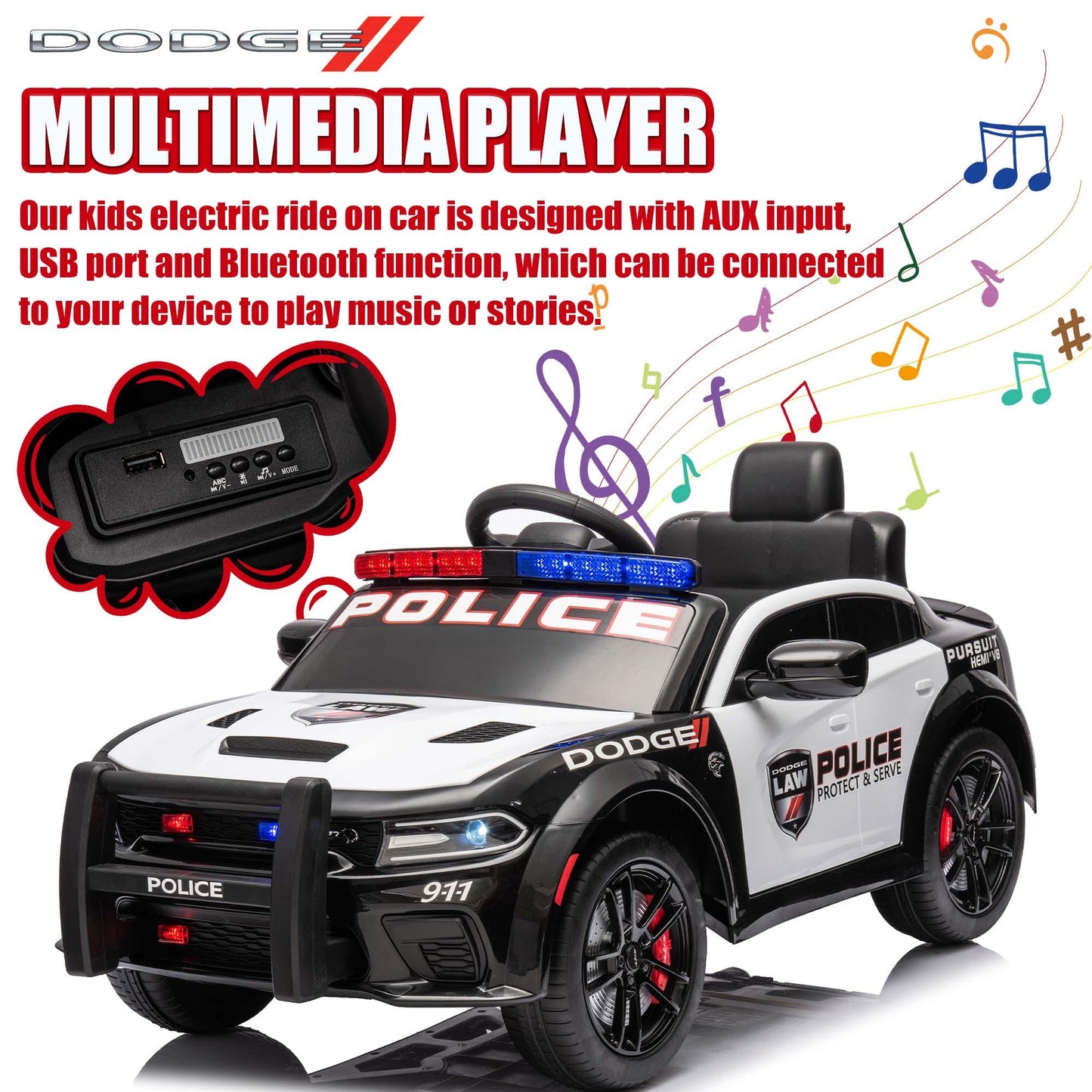 Dodge Charger 12V Ride on Police Cars, Battery Powered Ride on Toy Car with Remote Control for Boys Girls Gifts, Electric Car for Kids with Bluetooth, Music Player, LED Lights, 3 Speeds, White
