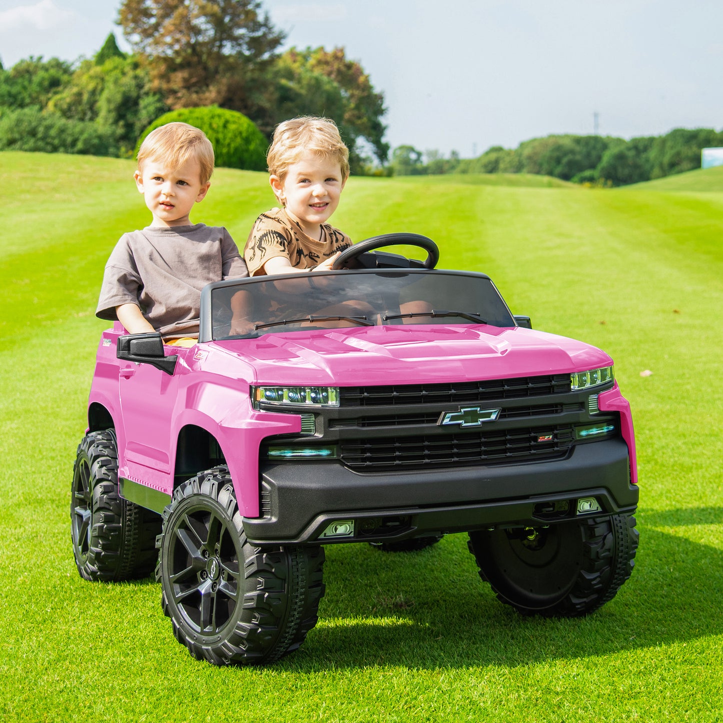 2 Seater 24V Ride on Cars with Remote Control, Licensed Chevrolet Silverado Kids Ride on Truck for Boys Girls Birthday Christmas Gifts, Battery Powered Kids Electric Cars with LED Lights, Music, Pink