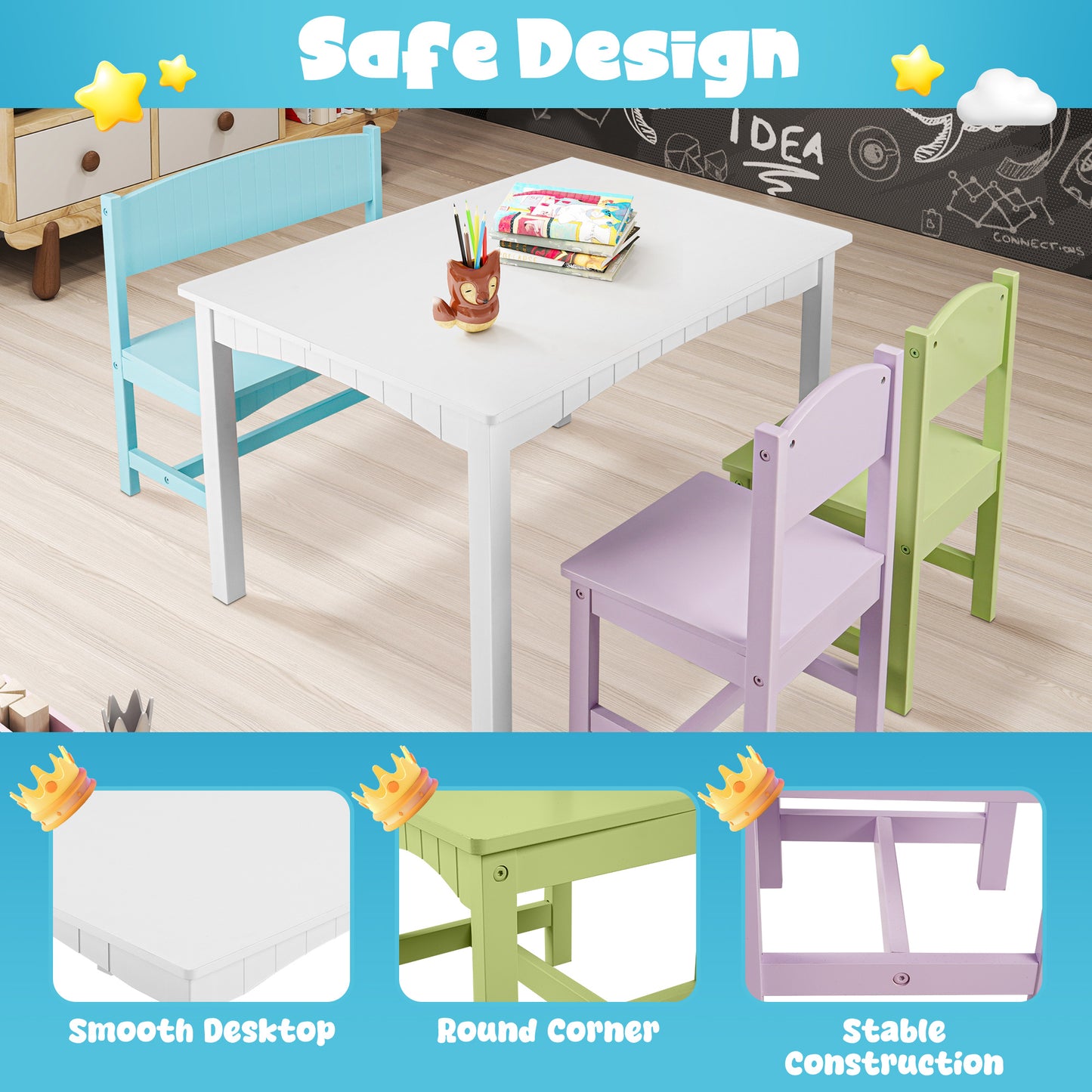 iRerts Kids Table and Chairs Set 5 Piece, Wooden Table and 4 Chairs with Storage Function for Children Toddler, Gray and White