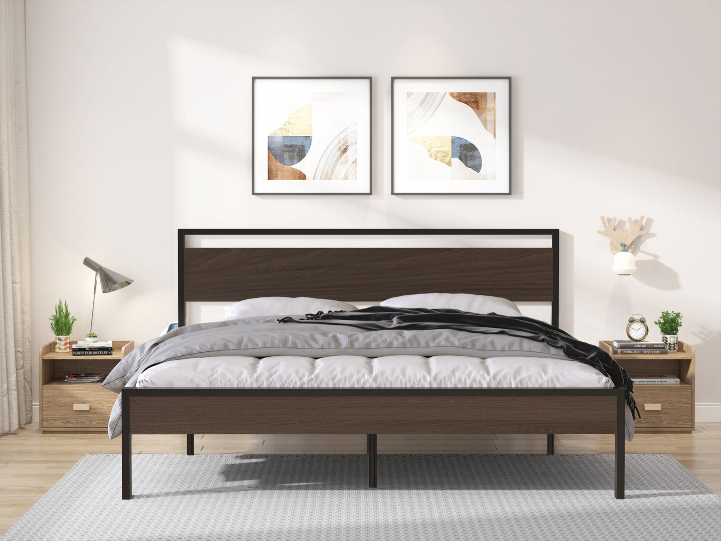 iRerts King Platform Bed Frame with Headboard, Industrial Metal King Bed Frame with Slat Support, Modern Bed Frame King Size for Adults Teens Kids Bedroom, No Box Spring Needed, Black