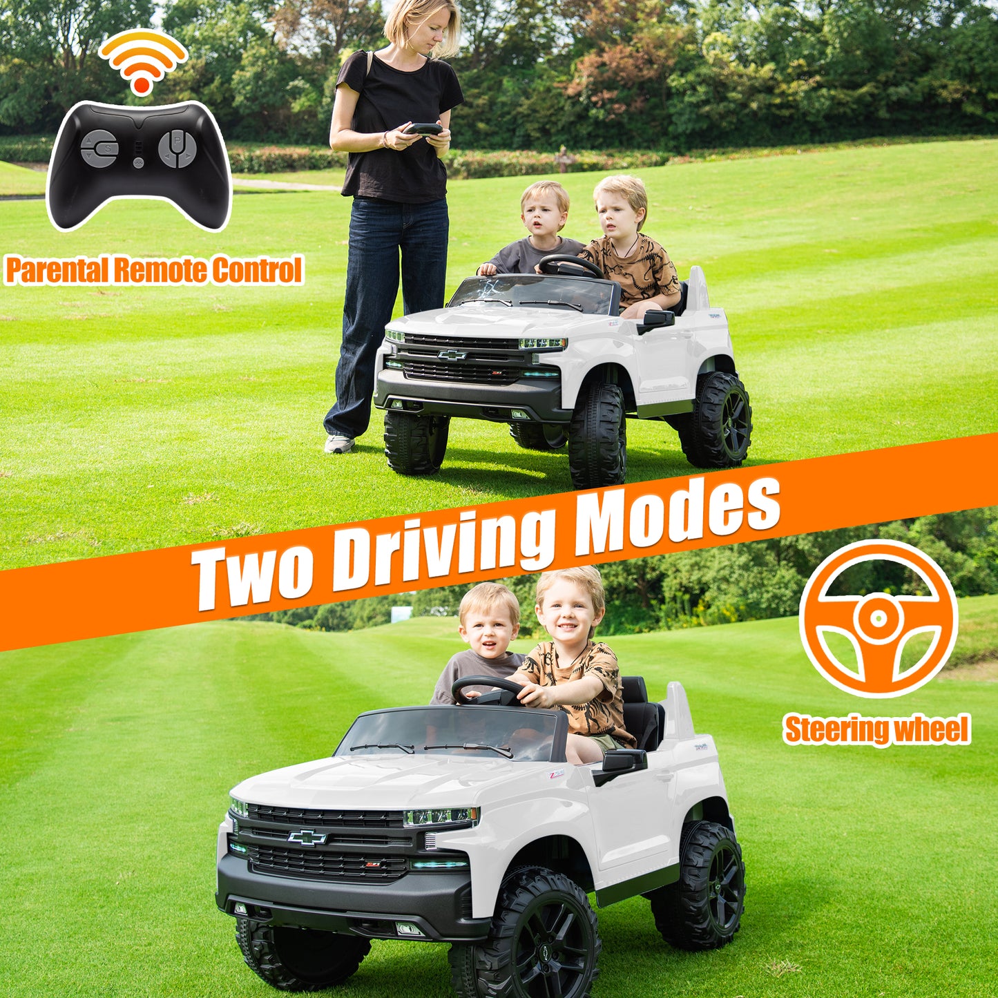 2 Seater 24V Ride on Cars with Remote Control, Licensed Chevrolet Silverado Kids Ride on Truck for Boys Girls Birthday Christmas Gifts, Battery Powered Kids Electric Cars with LED Lights, Music, White