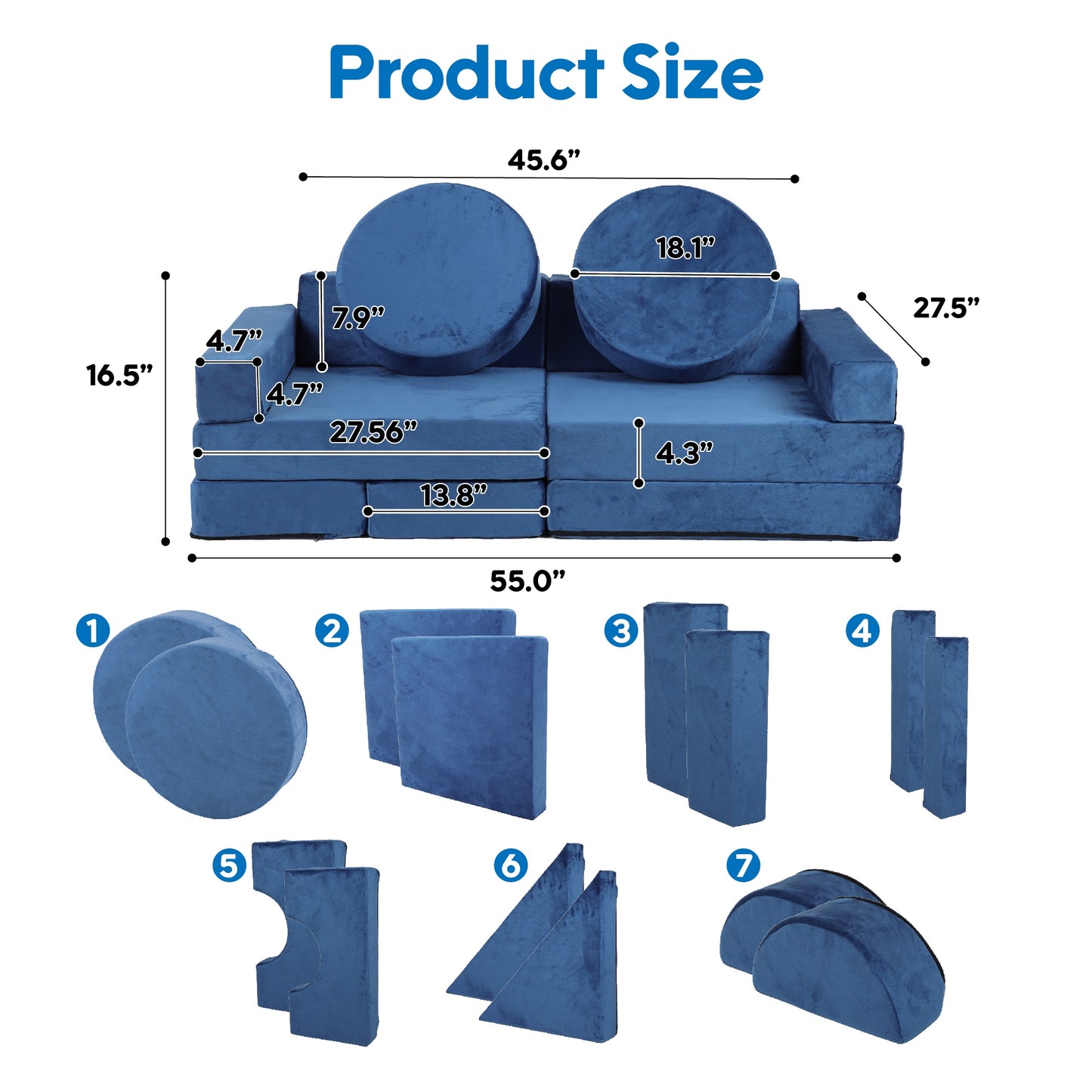 iRerts 14Pcs Modular Kids Play Couch, Convertible Nugget Couch for Kids Boys Girls, Kids Sofa Couch Floor Sofa for Children, Kids Couch Building Fort Foam Couch for Playroom Bedroom Nursery, Blue