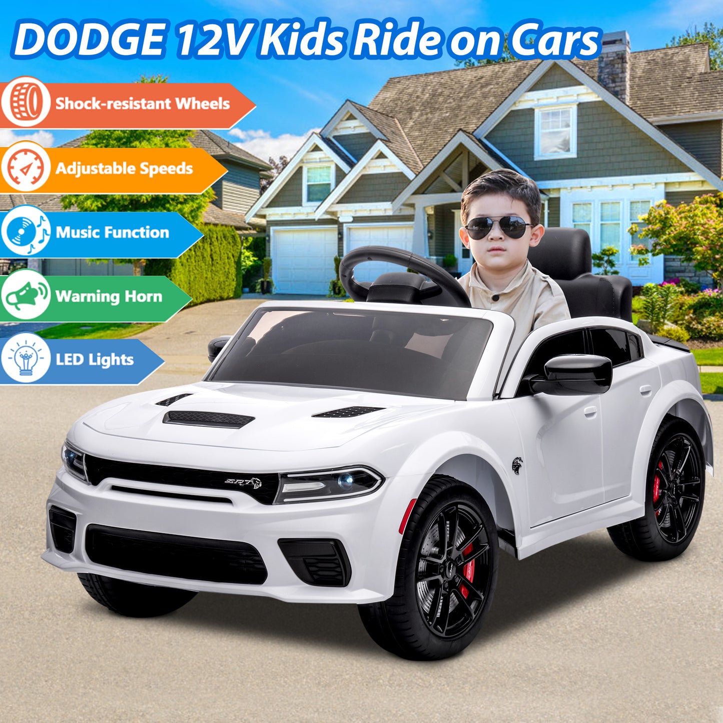 Dodge Charger 12V Ride On Cars with Remote Control, Ride On Vehicles for Kids with LED Light, Bluetooth, USB, MP3, Battery Powered Ride on Toys for Boys Girls 3-5 Years Old Birthday Gifts, White