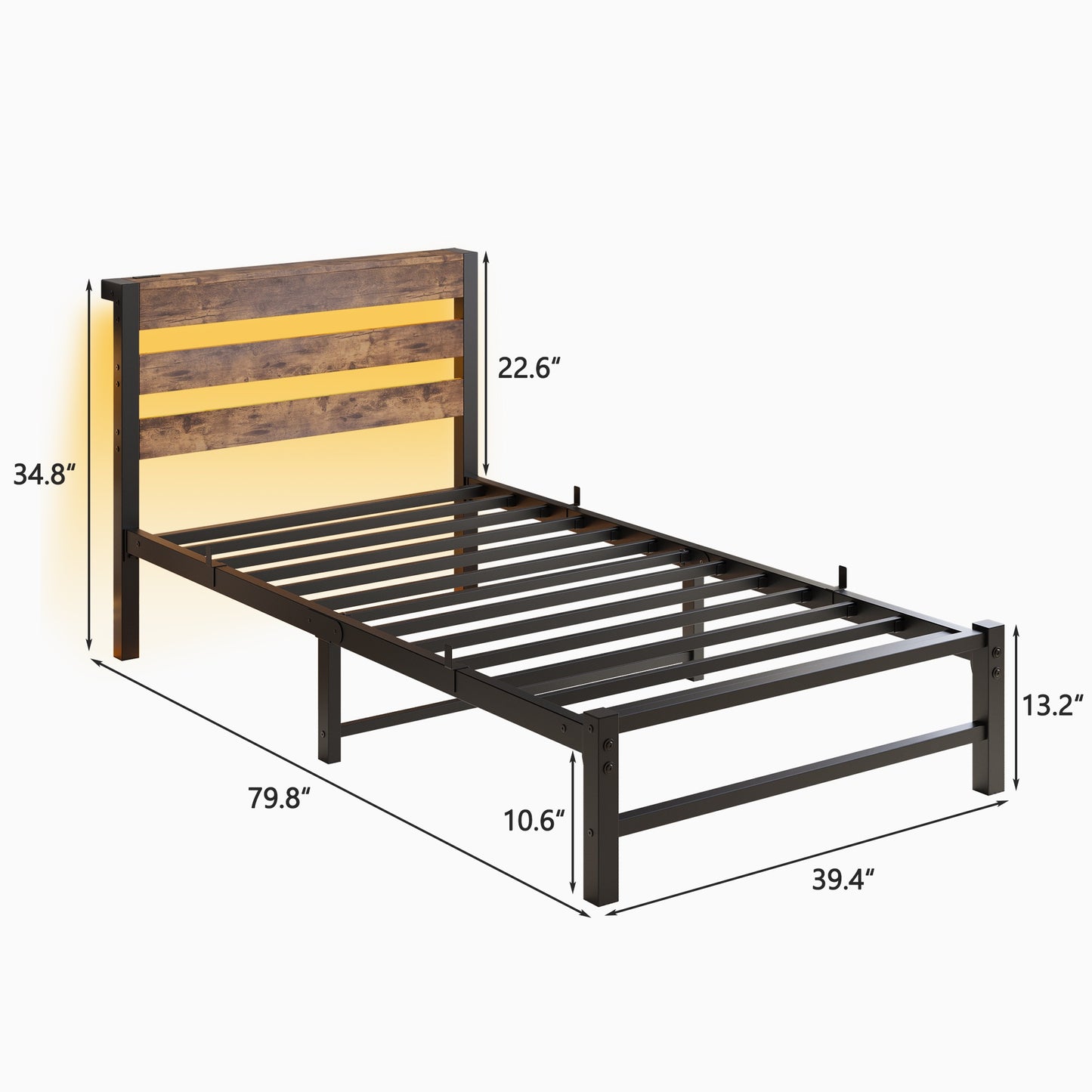 iRerts Twin Bed Frame with Headboard, Metal Platform Bed Frame Twin Size with USB Charging Station, LED Lights, Steel Slats, LED Bed Frame No Box Spring Needed for Bedroom Furniture, Brown