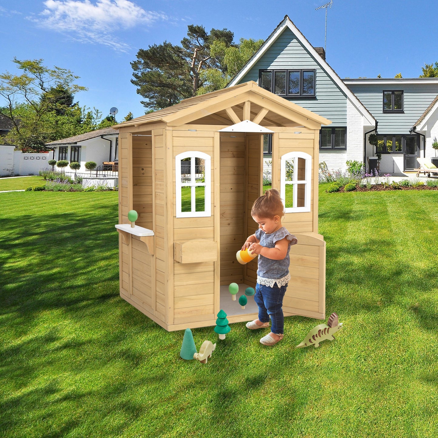iRerts Kids Playhouse Outdoor, Wooden Playhouse for Kids with  Working Door, Windows, Flowers Pot Holder, Kids Play Equipment Outdoor Toys Pretend Playhouse for Girls Boys Toddlers 2-8 Years Old