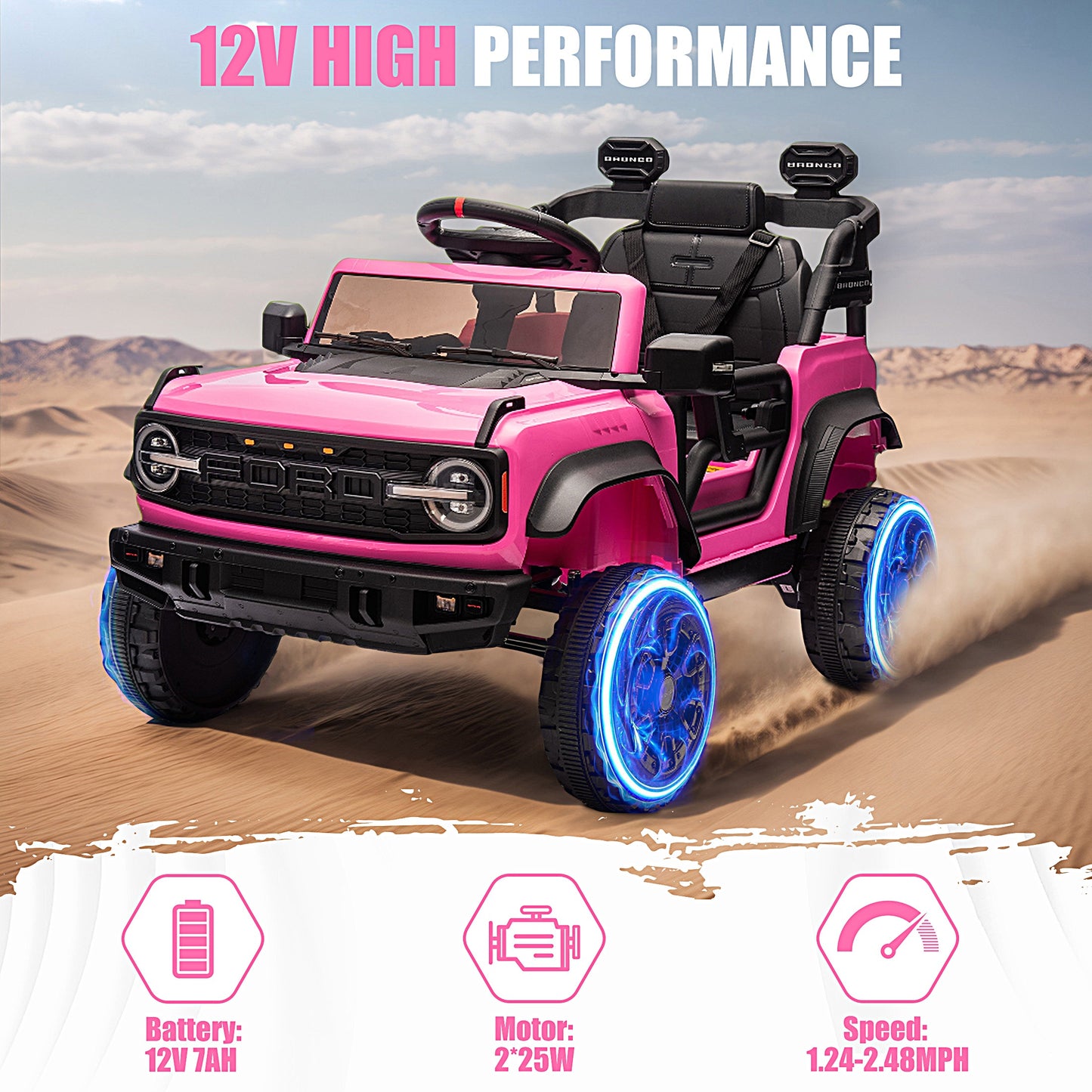 iRerts 12V Ride on Cars, Licensed Ford Bronco Raptor Toddlers Ride on Toys with Parental Remote Control, Bluetooth, FM Radio, LED Lights, Electric Car for Kids Boys Girls Ages 3-6,Pink