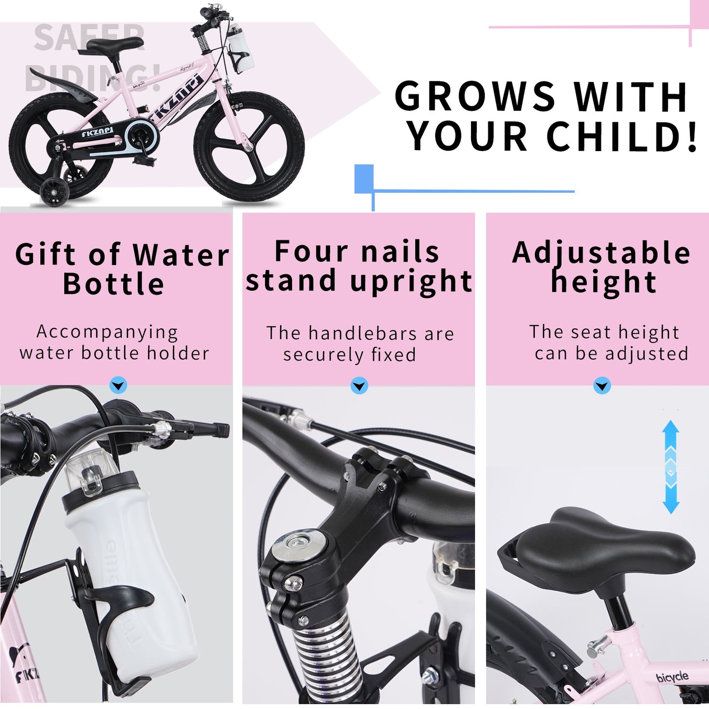 iRerts Kids Bike, 18 Inch Kids Bicycle for Boys Girls Ages 3-7, Toddlers Bike with Water Bottle Holder, Training Wheels with Night Glow, Adjustable Seat, Pink