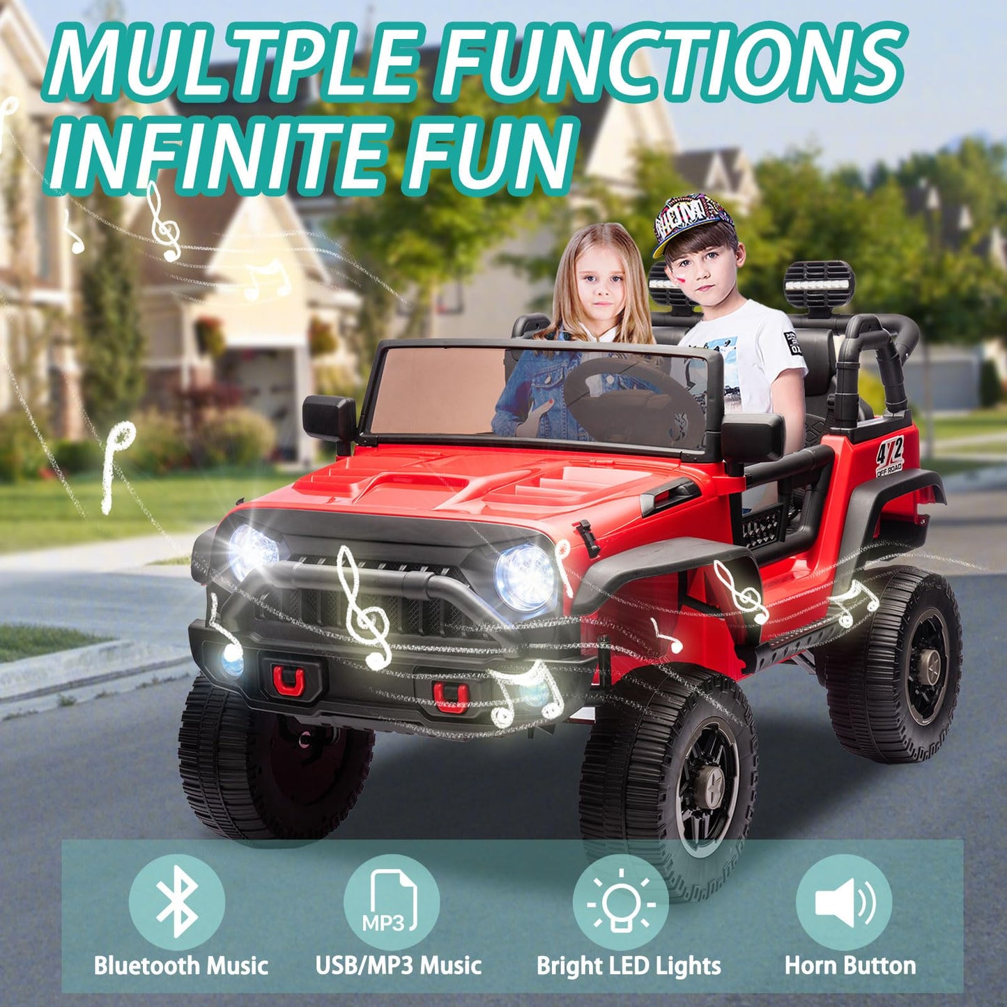 iRerts 24V 2 Seater Ride on Car, Powered Ride on Toys for Bid Kids Boys Girls Gifts, Kids Car Electric Vehicle with Remote Control, Music, Bluetooth, LED Light, USB/MP3 Port, 4 Wheel Suspension, Red