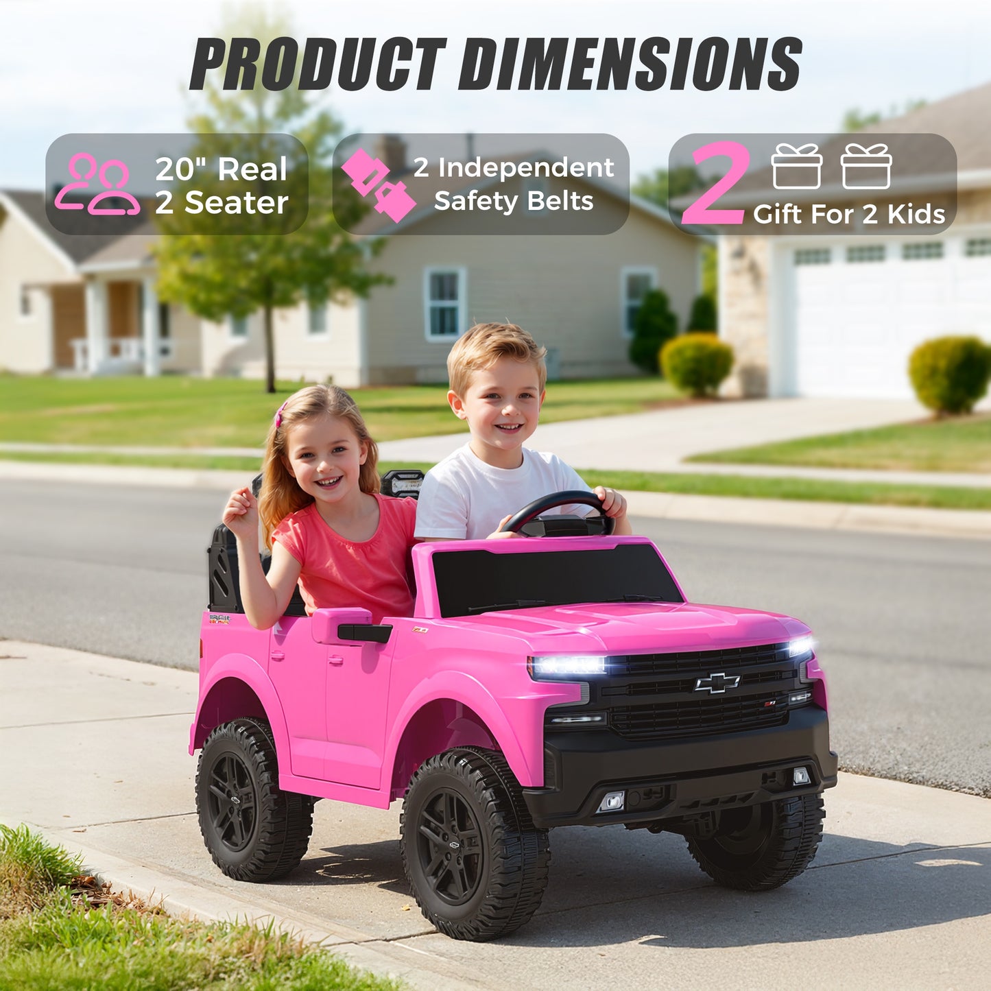 24V Powered Ride on Toys Car, Licensed Chevrolet Silverado 2 Seater Ride on Cars with Remote Control, Spring Suspension, LED Lights, Bluetooth Music, Toddler Electric Car for Kids Ages 3+, Pink