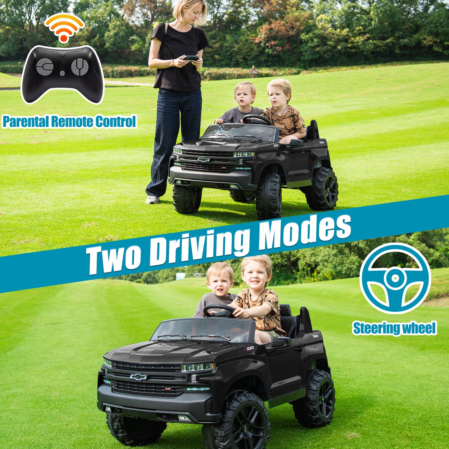 2 Seater 24V Ride on Cars with Remote Control, Licensed Chevrolet Silverado Kids Ride on Truck for Boys Girls Birthday Christmas Gifts, Battery Powered Kids Electric Cars with LED Lights, Music, Black