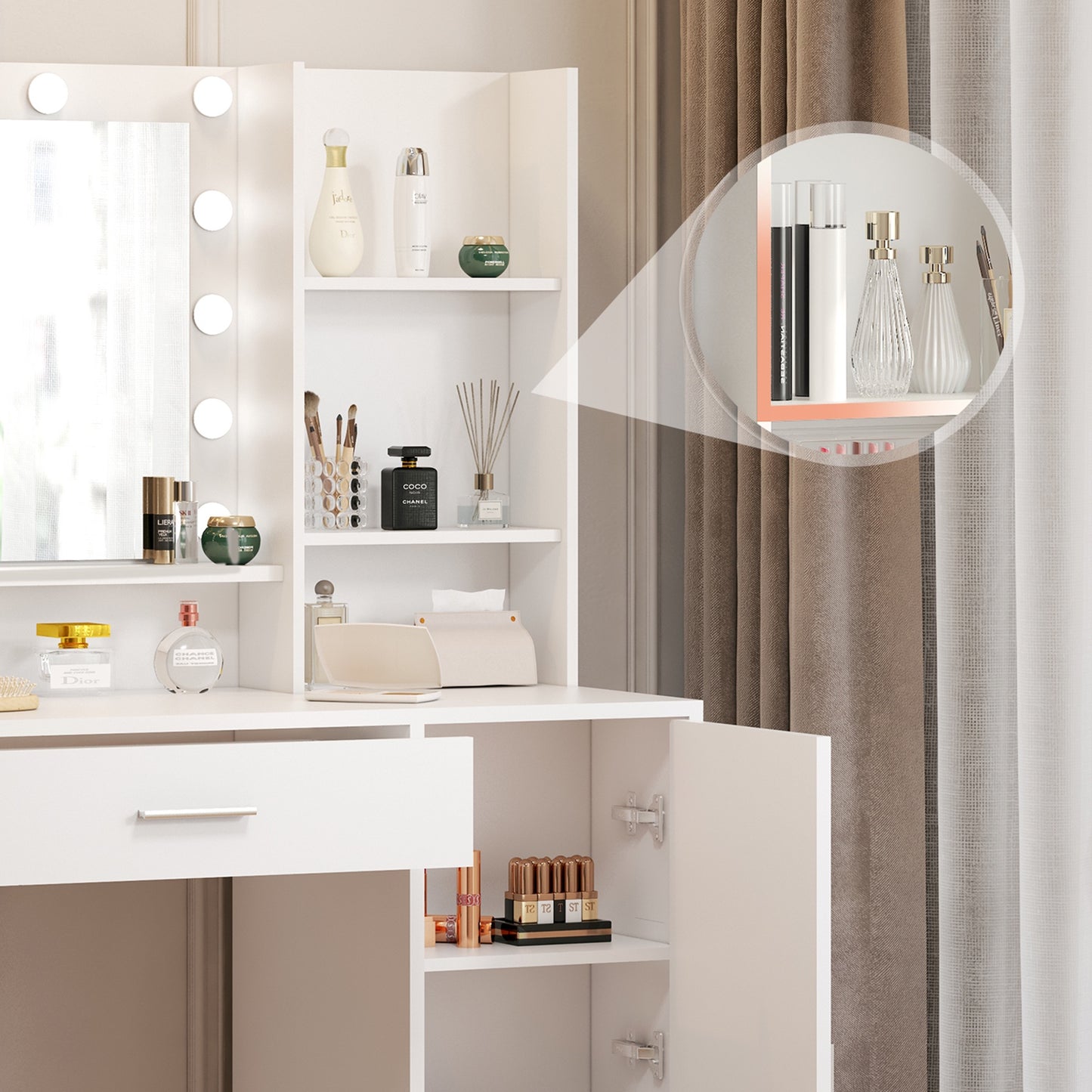 iRerts Vanity Desk with Mirror and LED Lights, White Makeup Table with Stool, Large Drawer and 3 Storage Dressers, 3 Lighting Modes Adjustable Brightness, Makeup Table Set Dressing Table for Bedroom