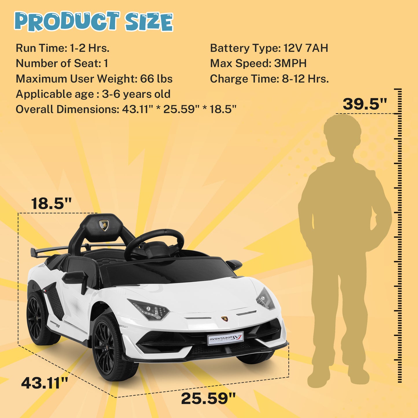 12V Powered Kids Ride on Car Toy with Remote Control, Licensed Lamborghini Sport Car for Girls Boys 3-5 Years Old, Electric Vehicle Car w/ Bluetooth, Fours Wheels