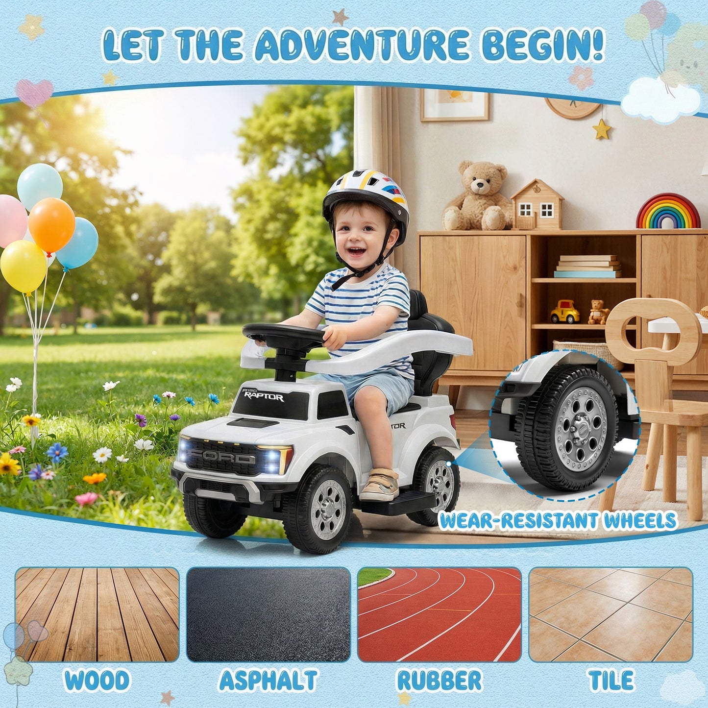 Push Car for Toddlers 1-3, Licensed Ford F-150 3-in-1 Kids Ride on Toy with Parent Push Handle, Foot to Floor Sliding Car with Horn & Lights, Under Seat Storage, White