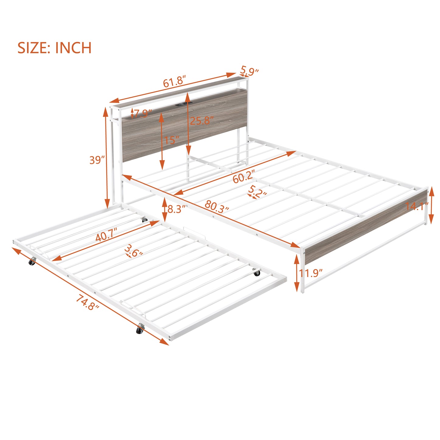 Queen Size Metal Platform Bed Frame with Twin Size Trundle, Queen Size Bed Frame with Storage Headboard, Outlet/USB Ports, Steel Slat Support, Queen Bed Frame No Box Spring Needed for Bedroom, White