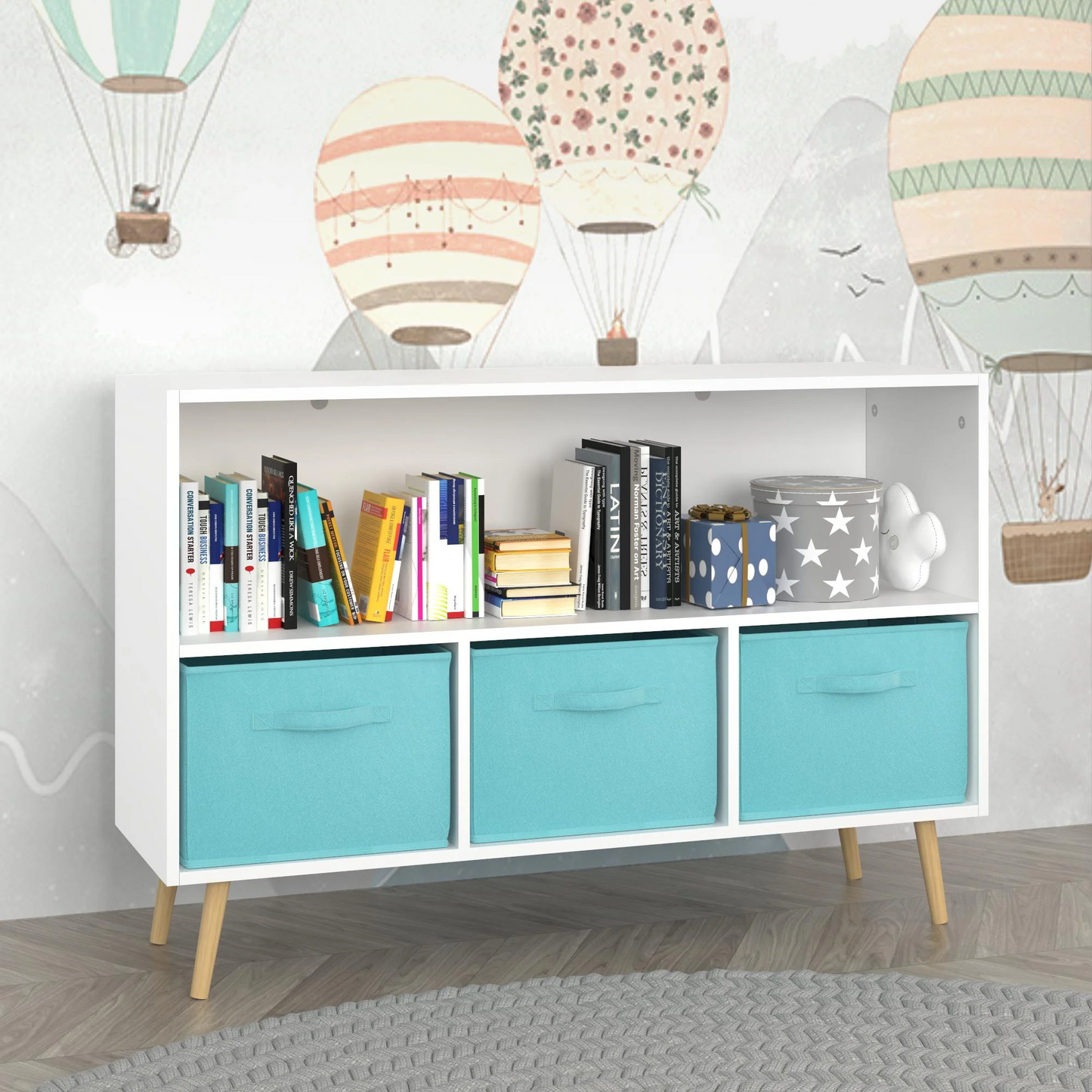 Kids Bookcase with Storage, Wooden Bookshelf and Toy Storage Organizer Cabinet, Cubes Bookshelf for Toddlers Children Boys Girls in Kids Room Furniture/ Bedroom/ Living Room