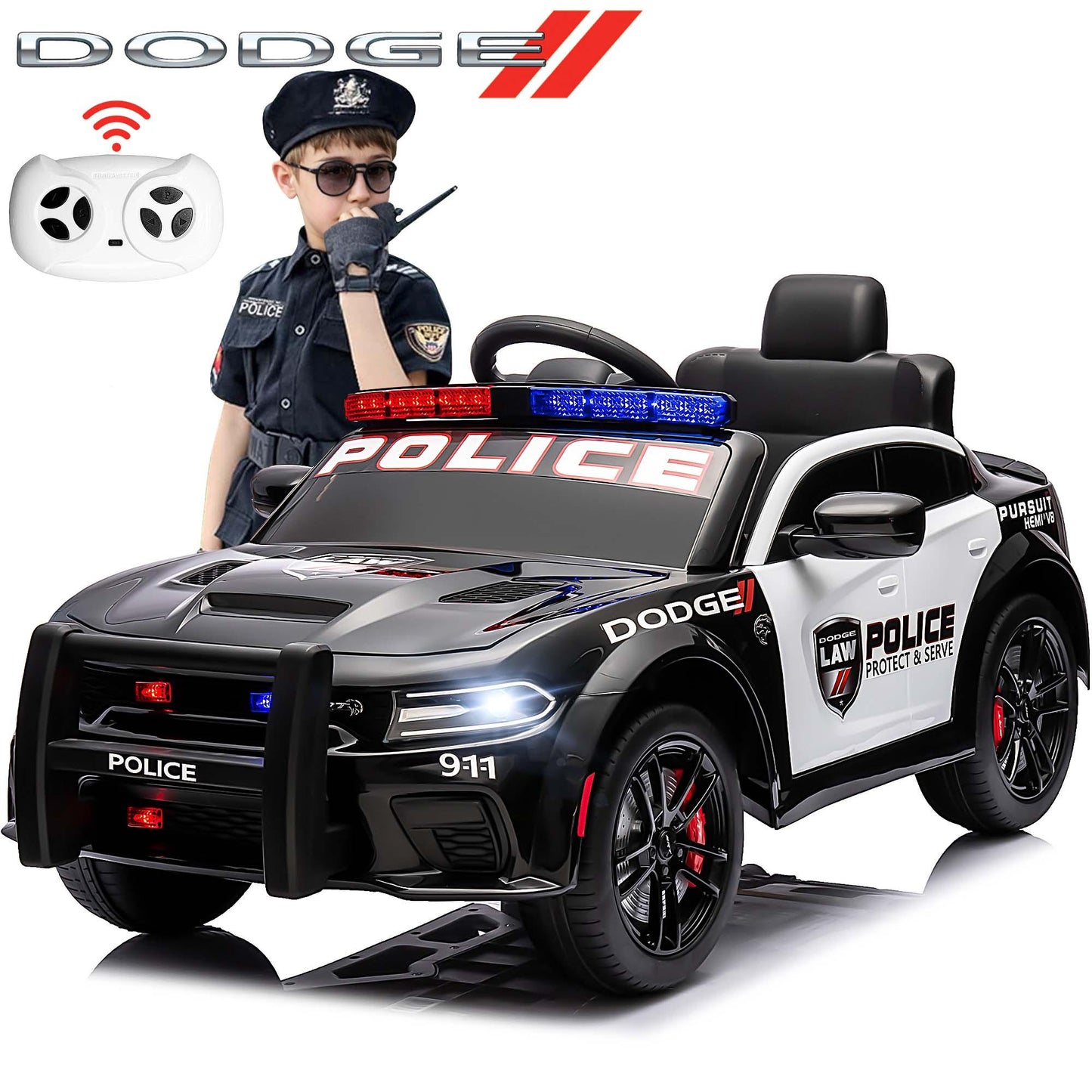 Dodge Charger 12V Ride on Police Cars, Battery Powered Ride on Toy Car with Remote Control for Boys Girls Gifts, Electric Car for Kids with Bluetooth, Music Player, LED Lights, 3 Speeds, Black