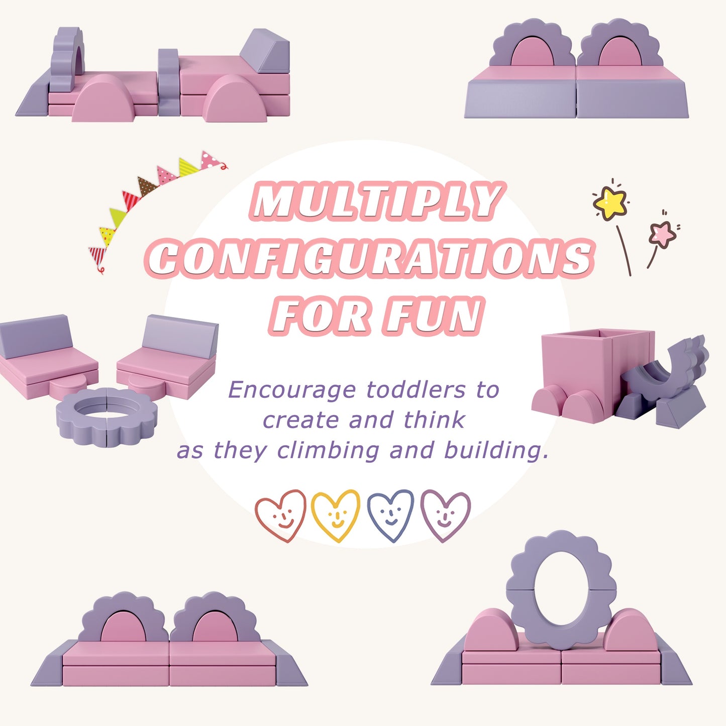 iRerts 10 PCS Modular Kids Play Couch, Kids Sofa Couch for Playroom Child Sectional Sofa, Foam Climbing Blocks Convertible Sofa, Baby Toddlers Couch Floor Sofa for Children, Pink