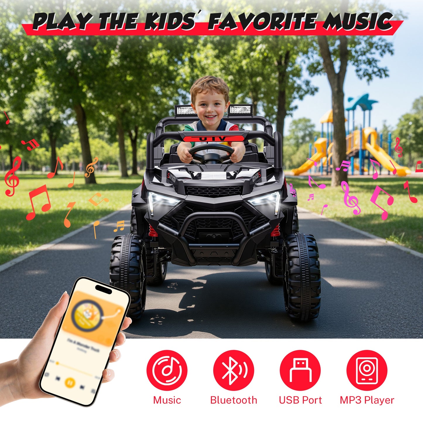 iRerts 24V Powered Ride on Toys, Electric Ride on UTV with Remote Control, Four-Wheel Suspension, LED Lights, Bluetooth Music, Ride on Cars Vehicle for Kids Ages 3-6, Black