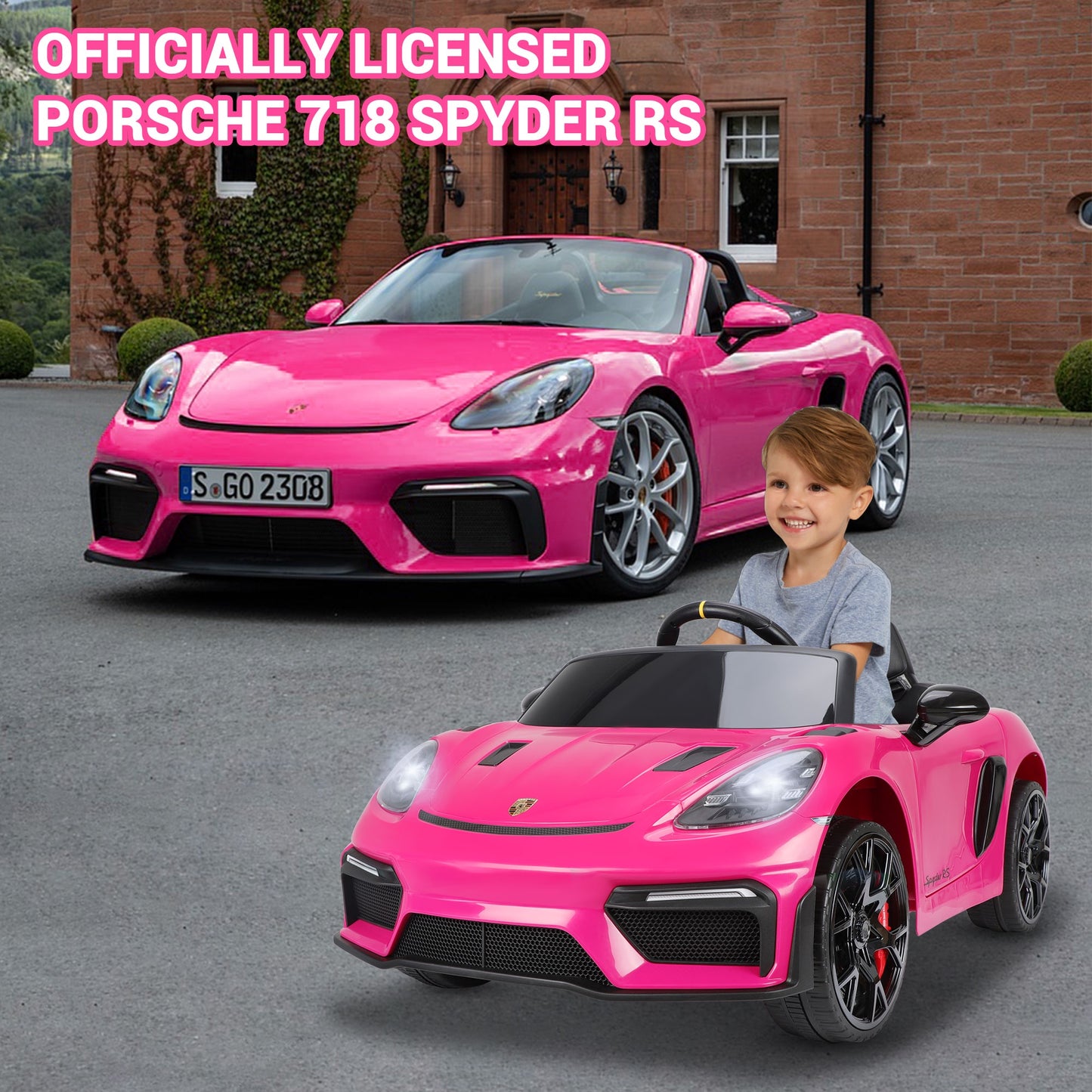 12V Powered Ride On Toys, Licensed Porsche 718 Ride on Car for Kids Boys Girls Christmas Gifts Ages 3-5, Kids Cars Electric Vehicle with Remote Control, Bluetooth, Music, LED Light, 4 Wheeler, Pink
