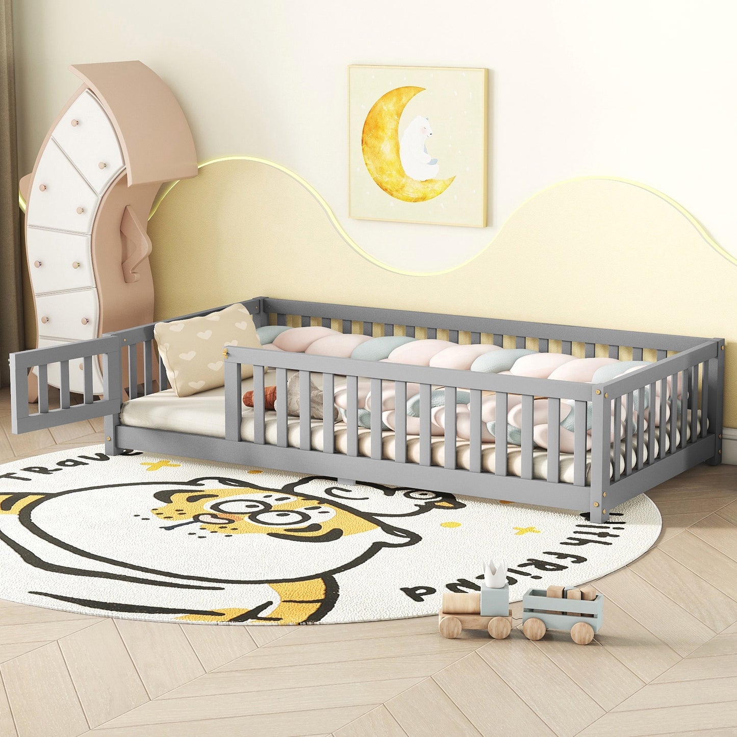 iRerts Twin Floor Bed Frame for Toddlers Kids, Wood Twin Montessori Bed Frame with Slats, Fence, Door, Kids Montessori Bed Twin Size, Twin Toddler Bed Frame for Boys Girls, Gray
