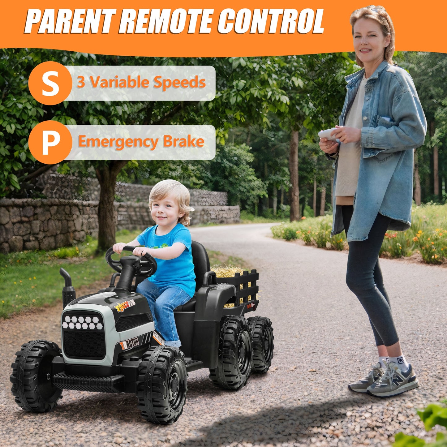 Powered Ride on Toy Tractor, 24V Kids Ride on Car with Remote Control, Electric Vehicles for Kids Toddlers 3-6 Years with 3 Speeds, Bluetooth, Music Player, LED Light, Rear Wheel Suspension, Black