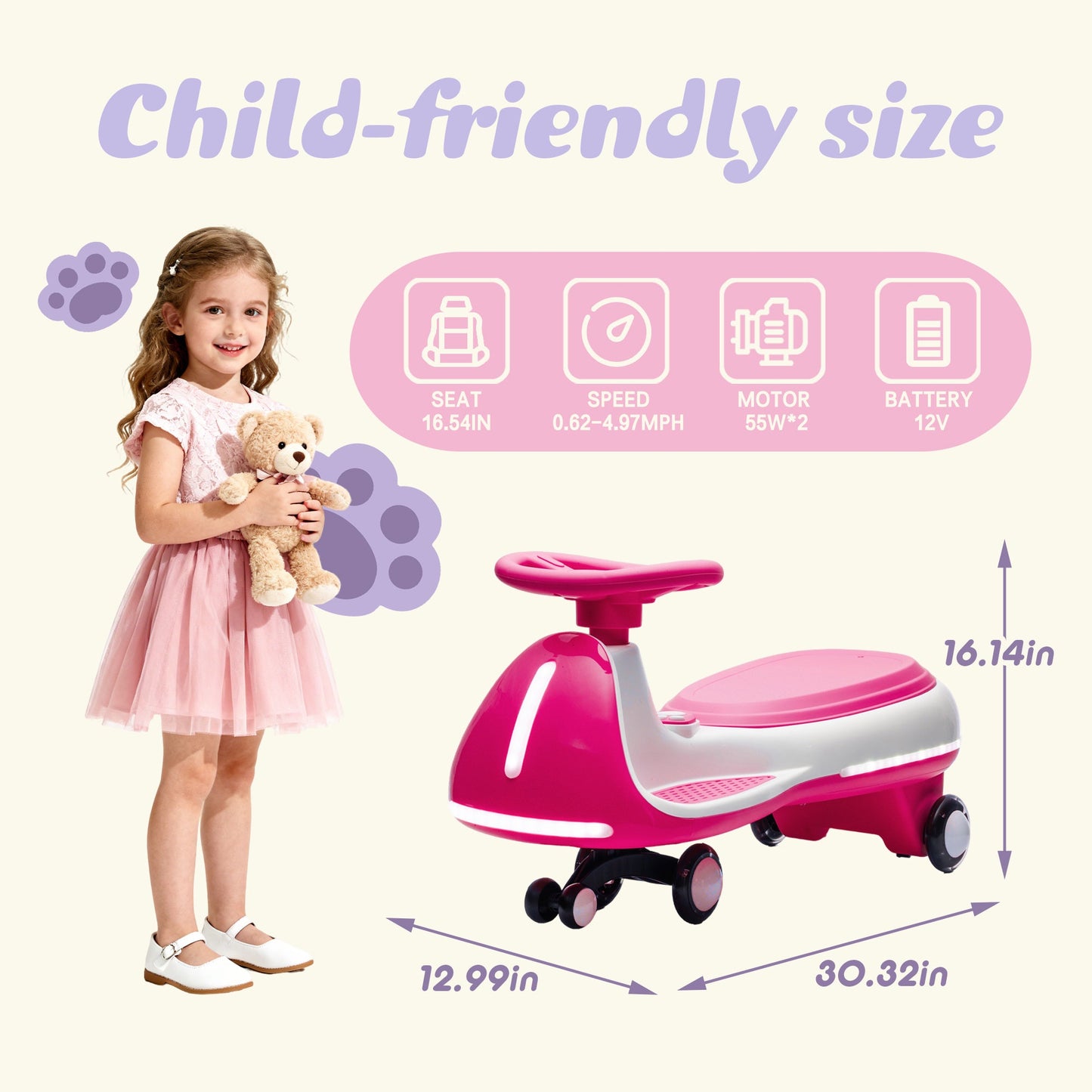 12V Electric Wiggle Car, Powered Ride on Toys for Kids with Flashing PU Wheels, Bluetooth Music, 2-in-1 Swing Car Kids Electric Vehicles for Boys Girls Ages 3+, Rose Red