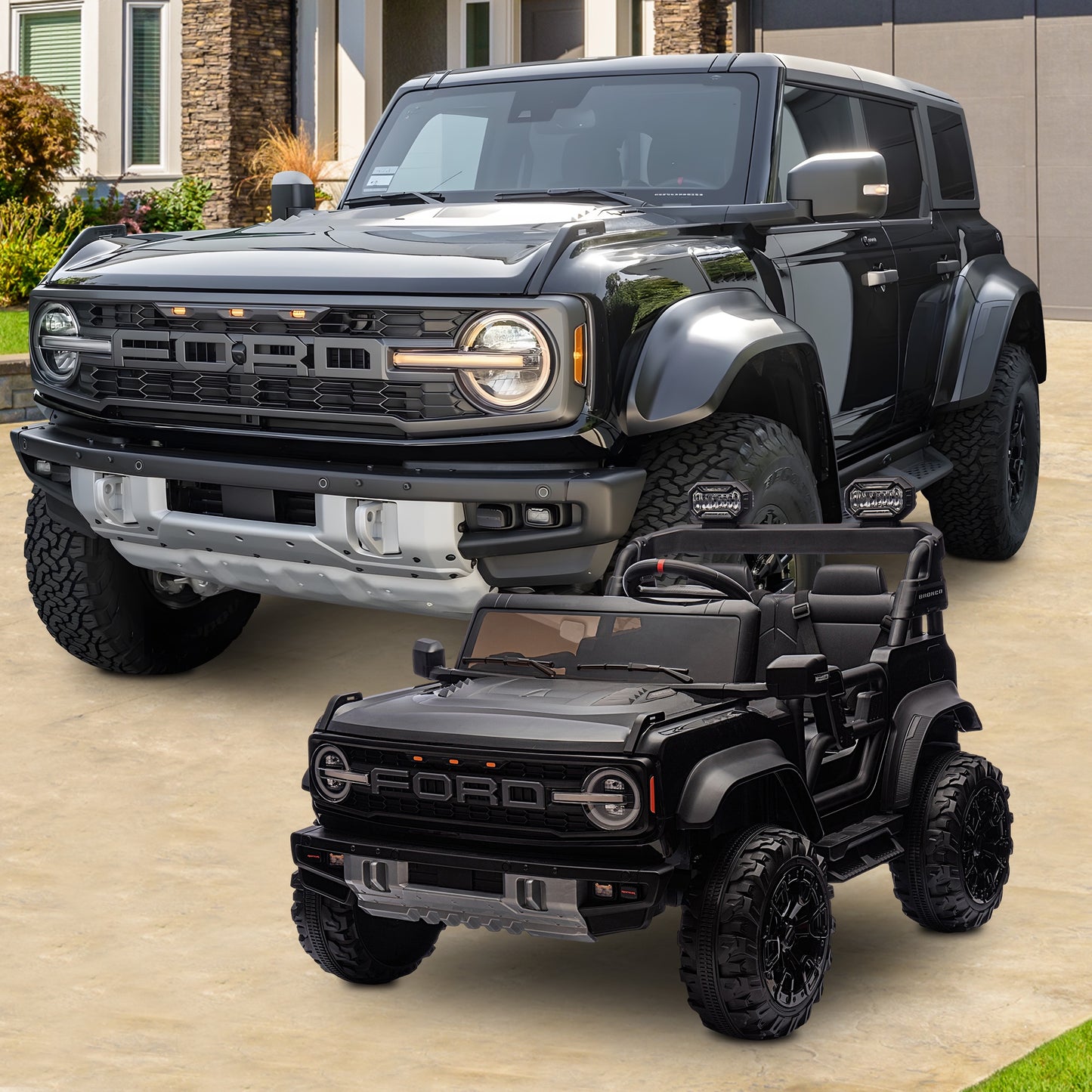 24V 2 Seater Ride on Toy Car, Licensed Ford Bronco Raptor Ride on Trucks with Remote Control, Bluetooth Music Player, Spring Suspension, Battery Powered Electric Car for Kids Boys Girl Ages 3-8, Black