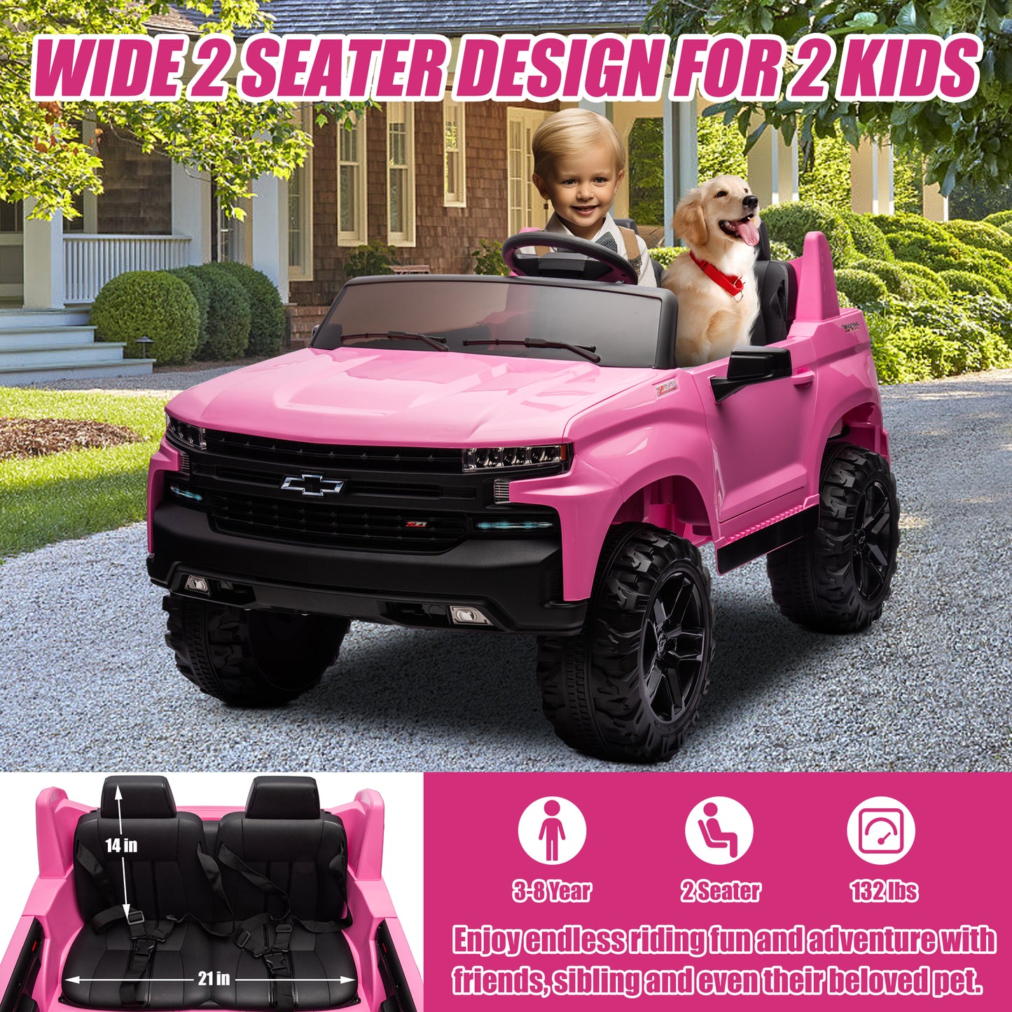 Chevrolet Silverado 24V Ride on Cars with Remote Control, 2 Seater 4 Wheels Kids Electric Cars with Bluetooth, LED Lights, Battery Powered Ride on Truck Toys for Boys Girls Christmas Gifts, Pink