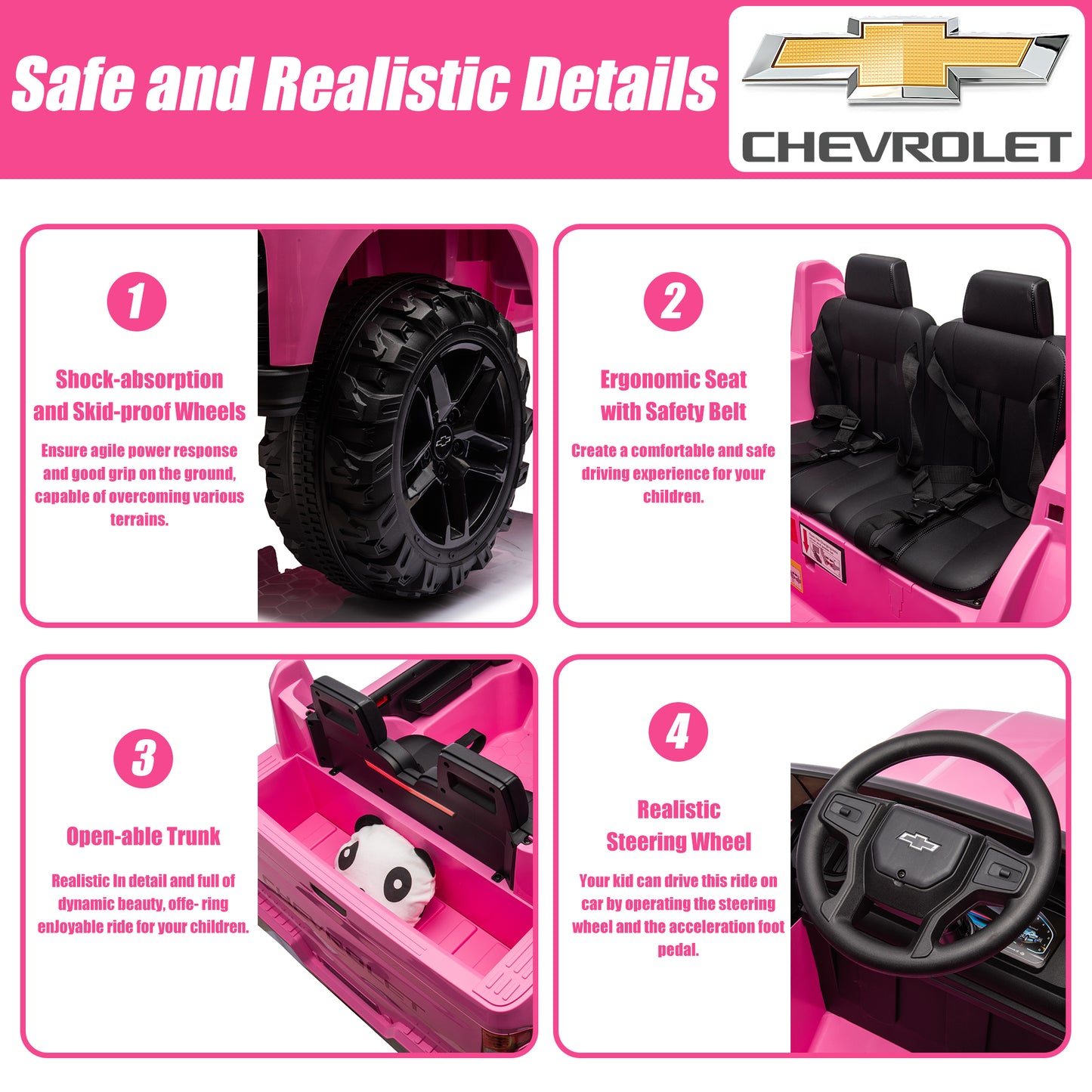 2 Seater 24V Ride on Cars with Remote Control, Licensed Chevrolet Silverado Kids Ride on Truck for Boys Girls Birthday Christmas Gifts, Battery Powered Kids Electric Cars with LED Lights, Music, Pink