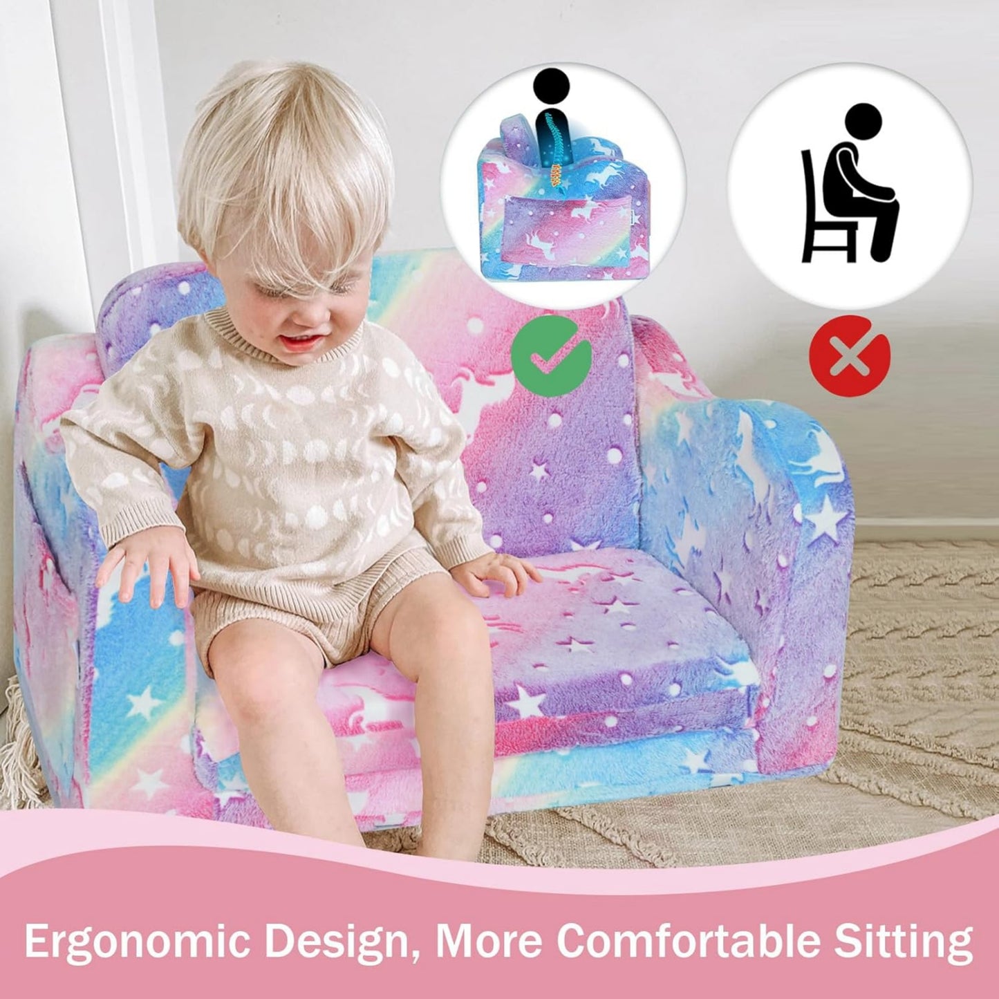 iRerts Kids Sofa, 2-in-1 Soft Toddler Couch Fold Out, Compression Modular Kids Sofa Convertible Sofa to Lounger, Kids Couch Foldable Kids Chair for Girls Boys Age 3-6, Pink