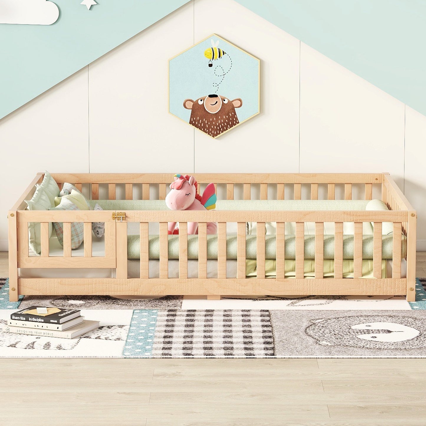 iRerts Full Floor Bed Frame for Toddlers Kids, Wood Full Montessori Bed Frame with Slats, Fence, Door, Kids Montessori Bed Full Size, Full Toddler Bed Frame for Boys Girls, Natural