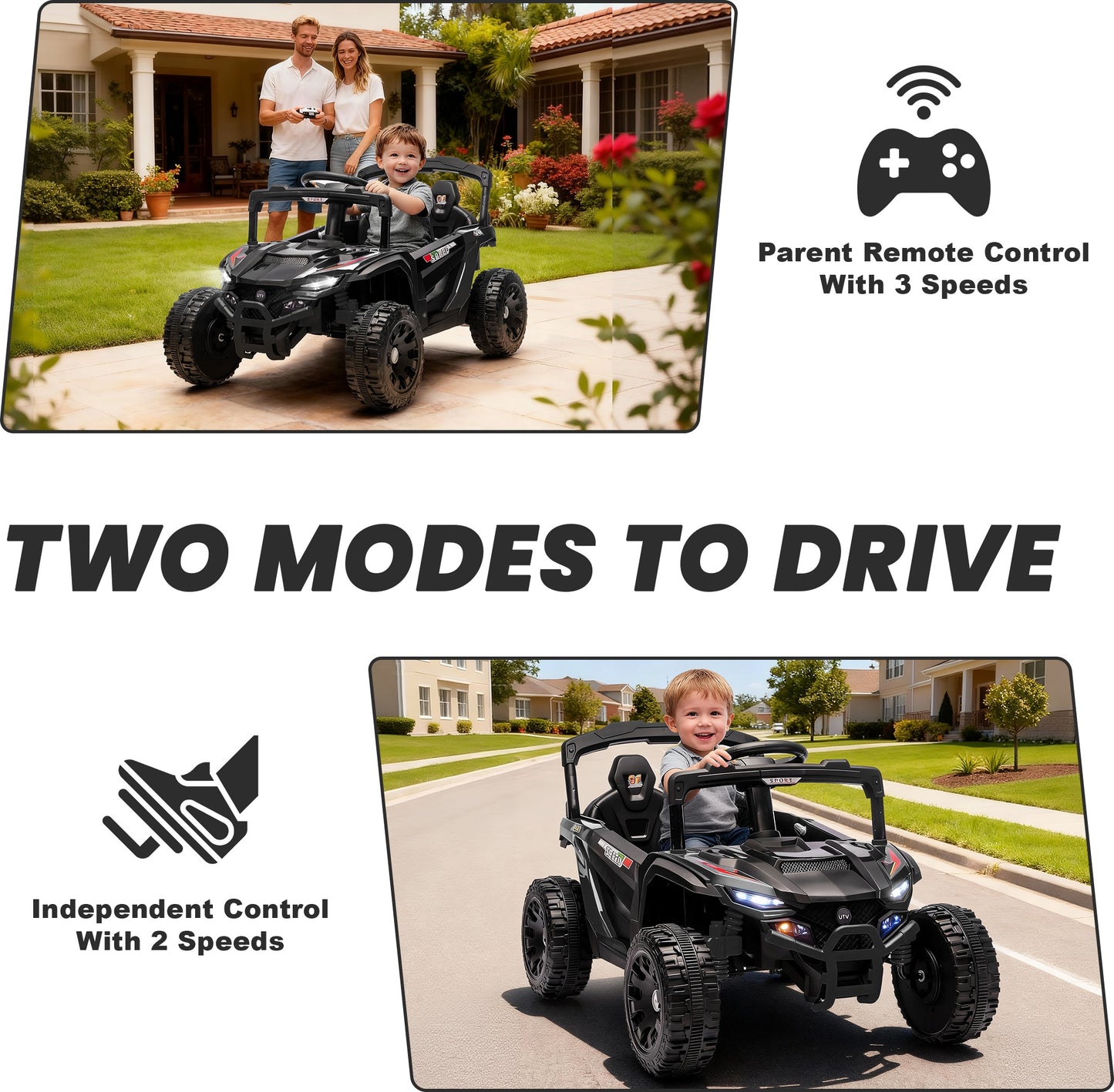 iRerts 24V Powered Ride on Car UTV, Kids Ride on Toys with Remote Control, Bluetooth, Music, 4 Wheels Suspension, LED Light, Kids Cars 4 Wheeler Electric Vehicles for Boys Girls Ages 3-5 Gifts, Black