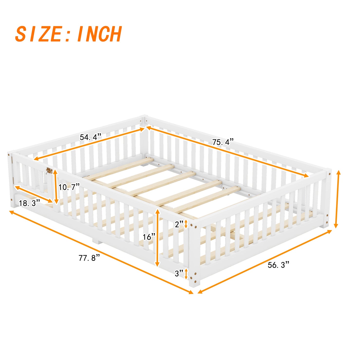 iRerts Full Floor Bed Frame for Toddlers Kids, Wood Full Montessori Bed Frame with Slats, Fence, Door, Kids Montessori Bed Full Size, Full Toddler Bed Frame for Boys Girls, White