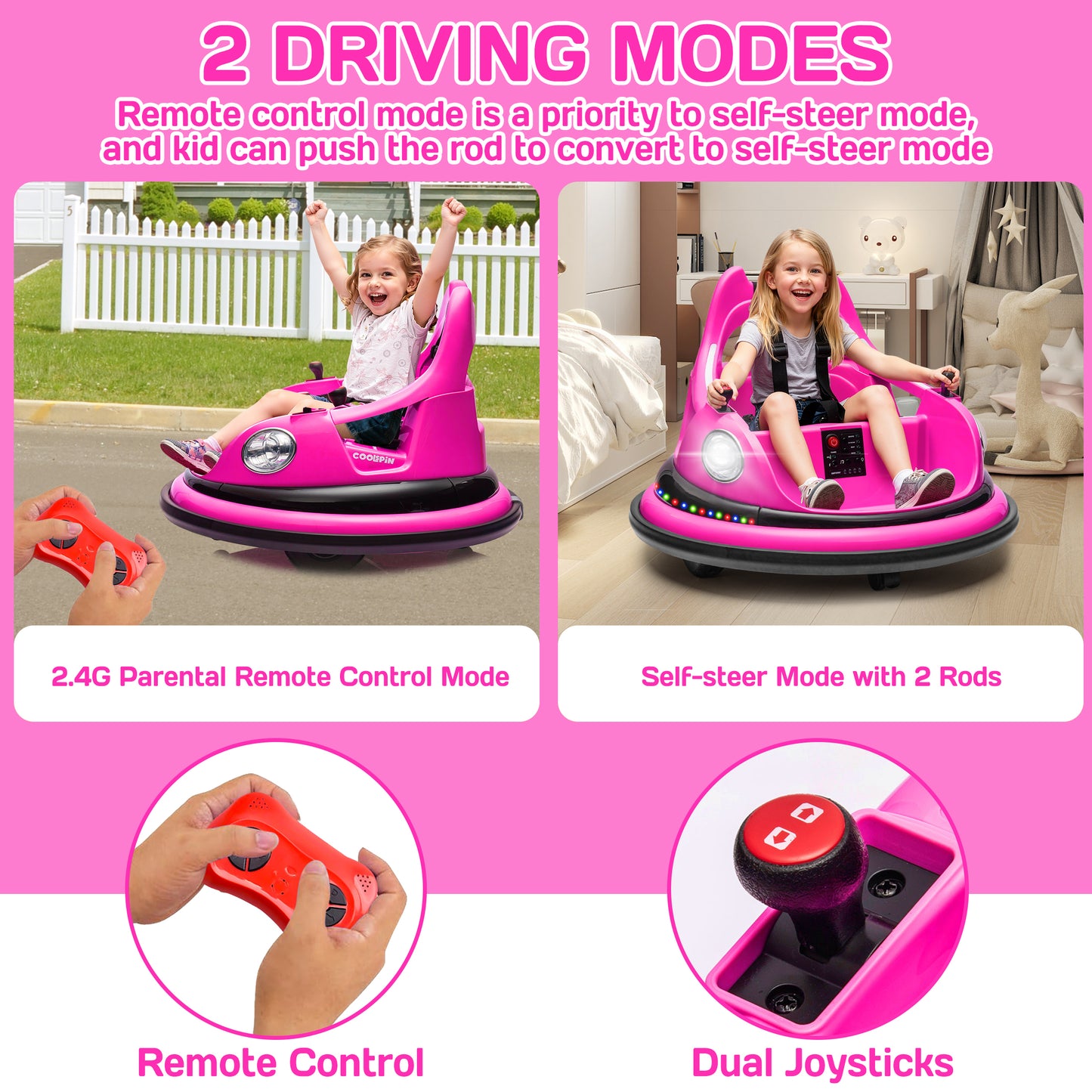 iRerts 12V Bumper Cars for Kids, Bumper Car Ride on with Remote Control, Battery Powered Kids Ride on Toys for 2-5 Year Old Boys Girls, Kids Electric Cars with Bluetooth, Music, LED Light, Pink