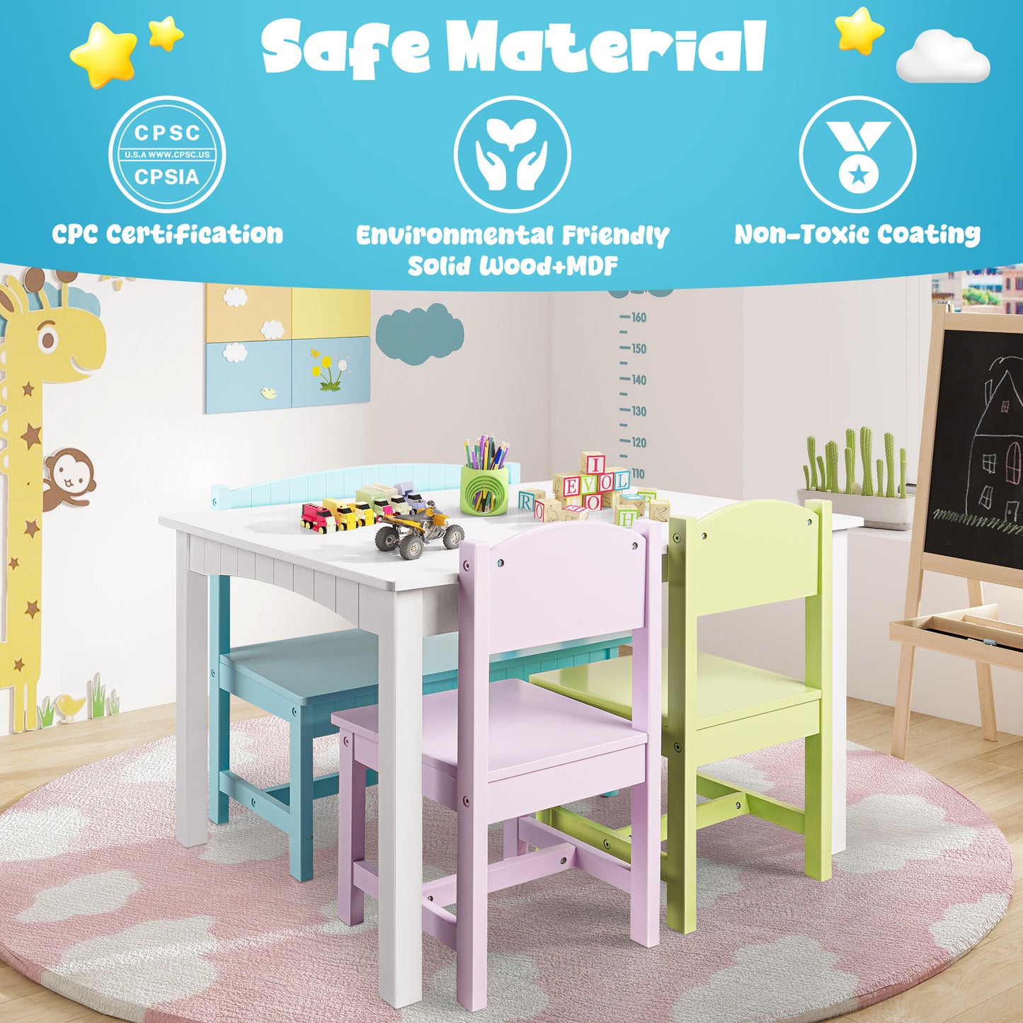 iRerts Kids Table and Chairs Set 5 Piece, Wooden Table and 4 Chairs with Storage Function for Children Toddler, Gray and White