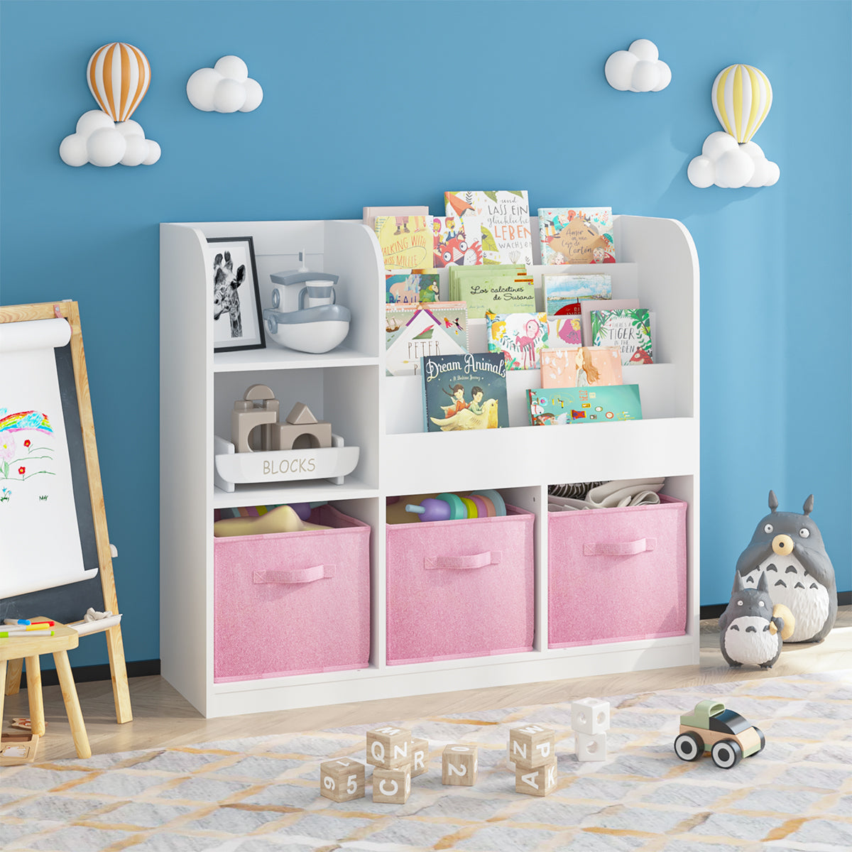 Kids Bookshelf and Toy Storage, Wooden Bookcase with 3 Drawers and 4 Book Display Shelf, Toy Storage Organizer with Bins, for Toddlers Kids Room Furniture/ Bedroom/ Living Room