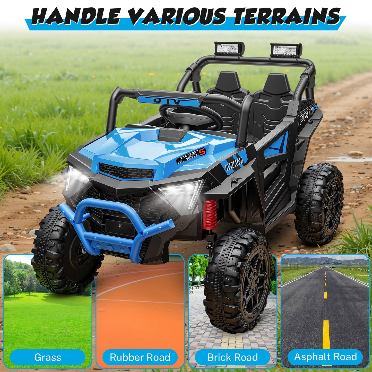 24V Powered Ride on Toys, iRerts Electric Ride on UTV with Remote Control, Four-Wheel Suspension, LED Lights, Bluetooth Music, Ride on Cars Vehicle for Kids Ages 3-6, Blue