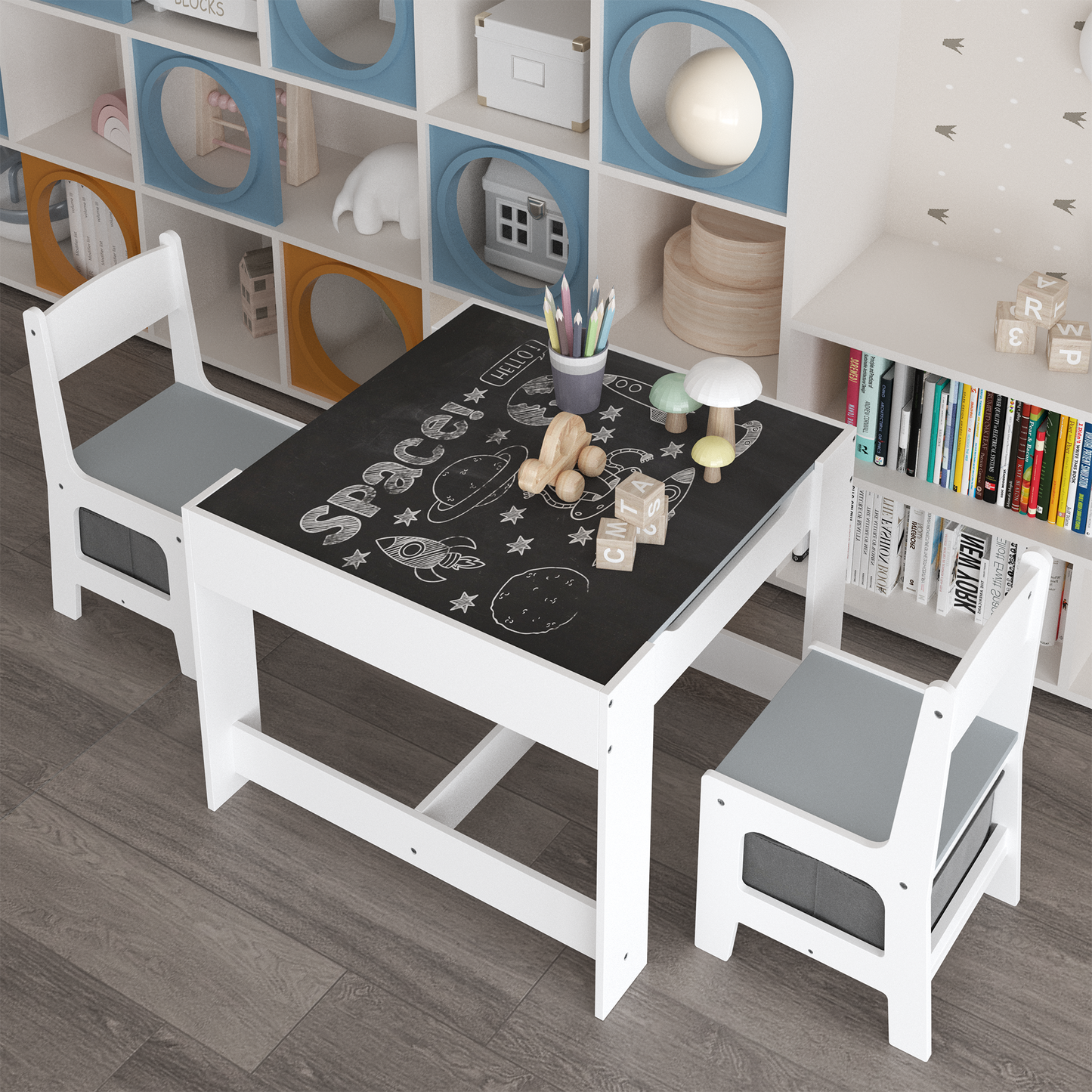 iRerts Kids Table and Chairs Set 5 Piece, Wooden Table and 4 Chairs with Storage Function for Children Toddler, Gray and White