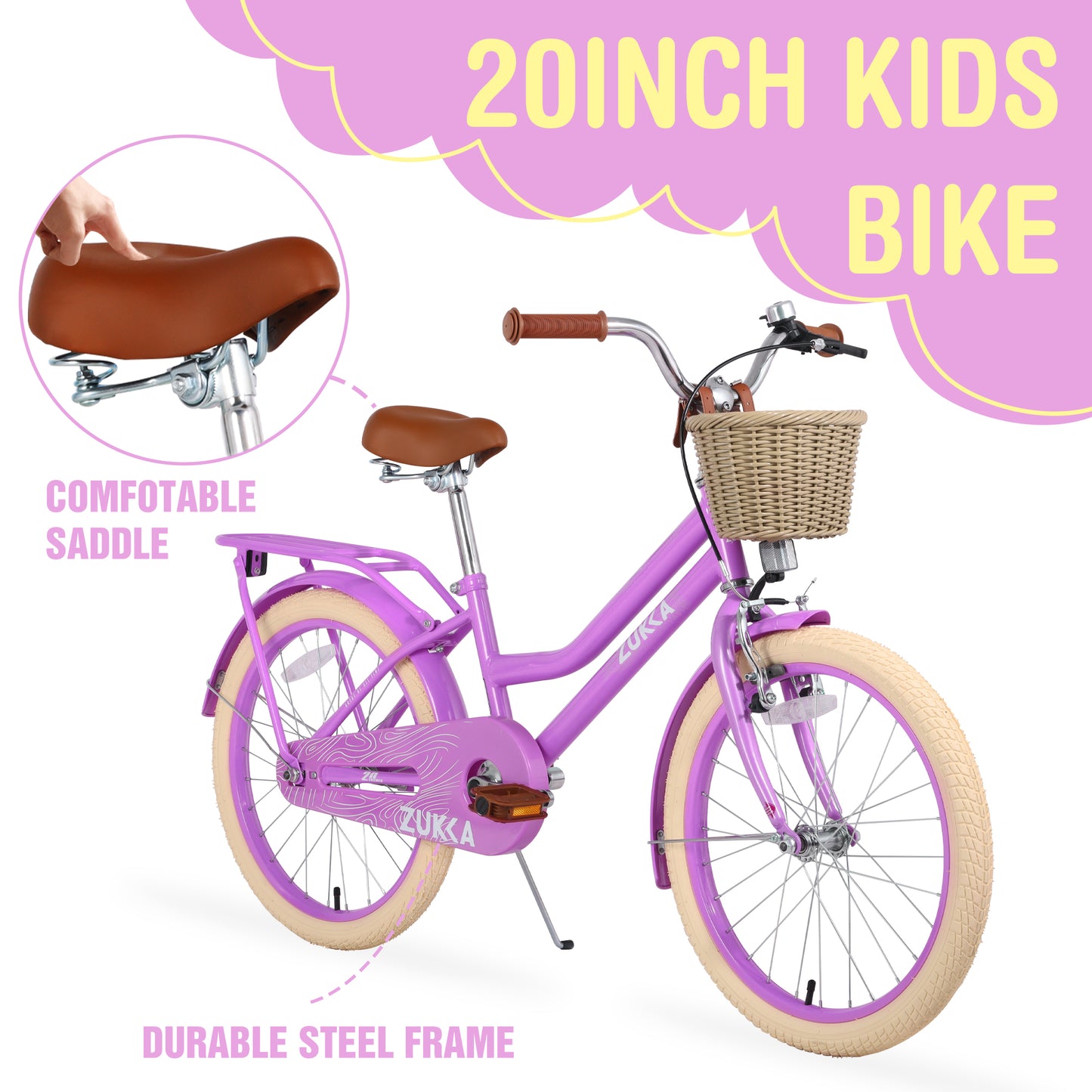 iRerts Girls Bike for 7-10 Years Old Kids, 20 Inch Bike with Basket, Brown Leather Saddle, Coaster Brakes, Retro Style Girls Bicycle Kids Cycle Bikes, Kids Bicycle for Gifts, Pink Purple