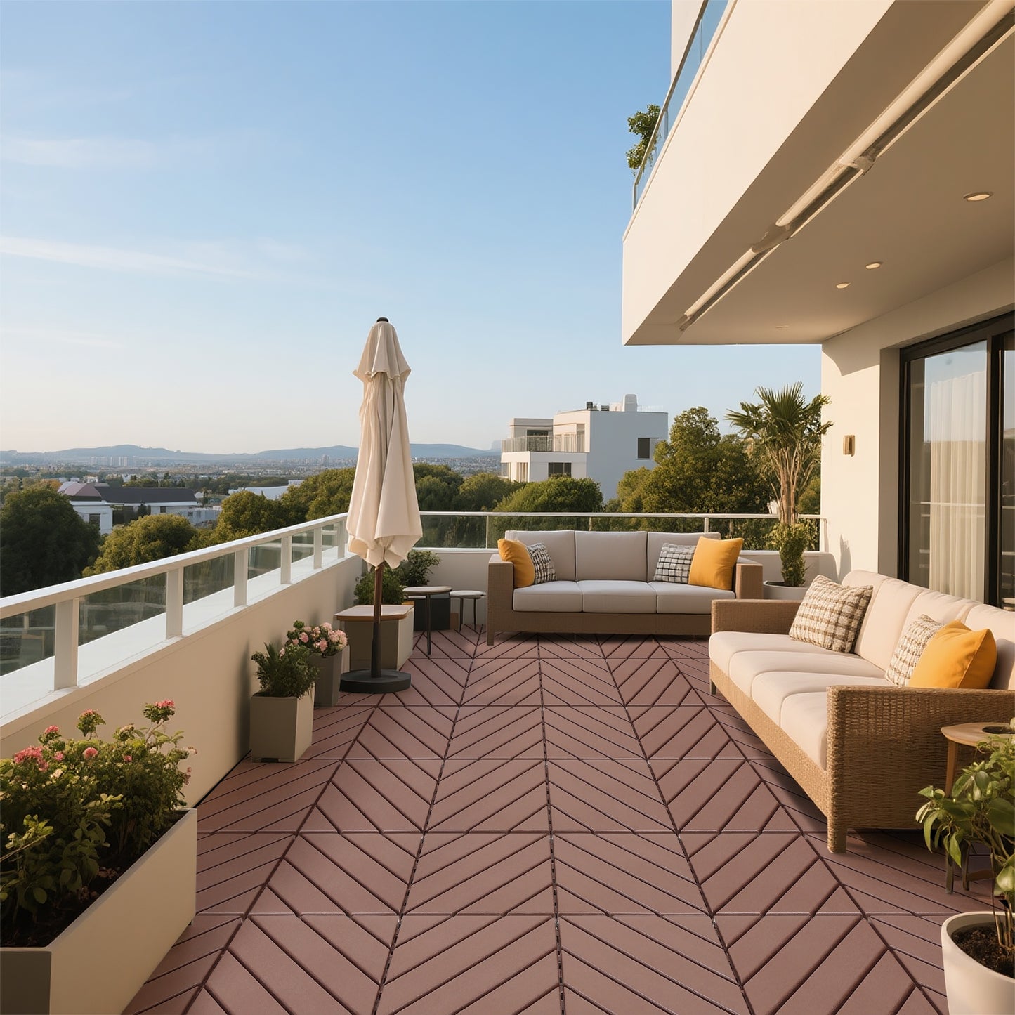 iRerts Plastic Interlocking Deck Tiles, 44 Pack Outdoor Flooring Tiles 12" x 12", All Weather Use, Patio Floor Decking Tiles for Porch Poolside Backyard, Brown