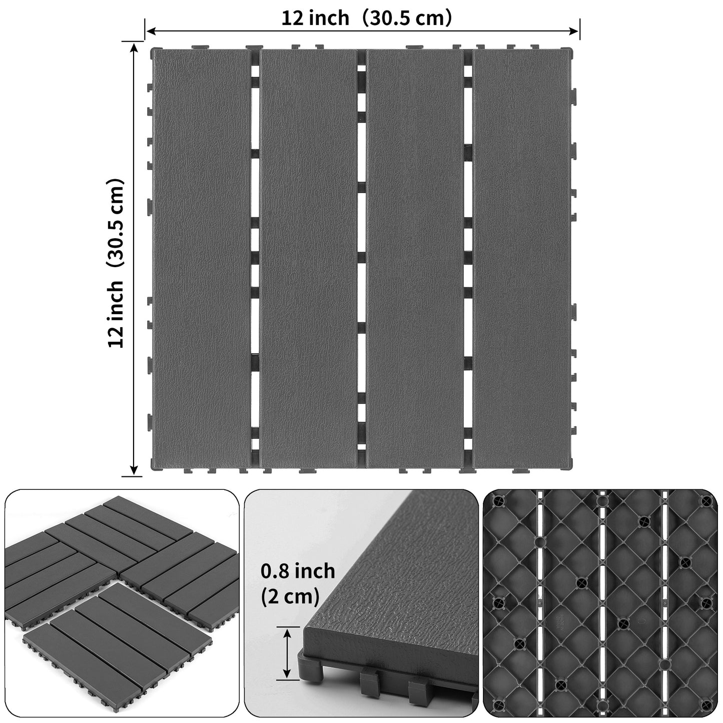 iRerts Plastic Interlocking Deck Tiles, 44 Pack Outdoor Flooring Tiles 12" x 12", All Weather Use, Patio Floor Decking Tiles for Porch Poolside Balcony Backyard, Dark Gray