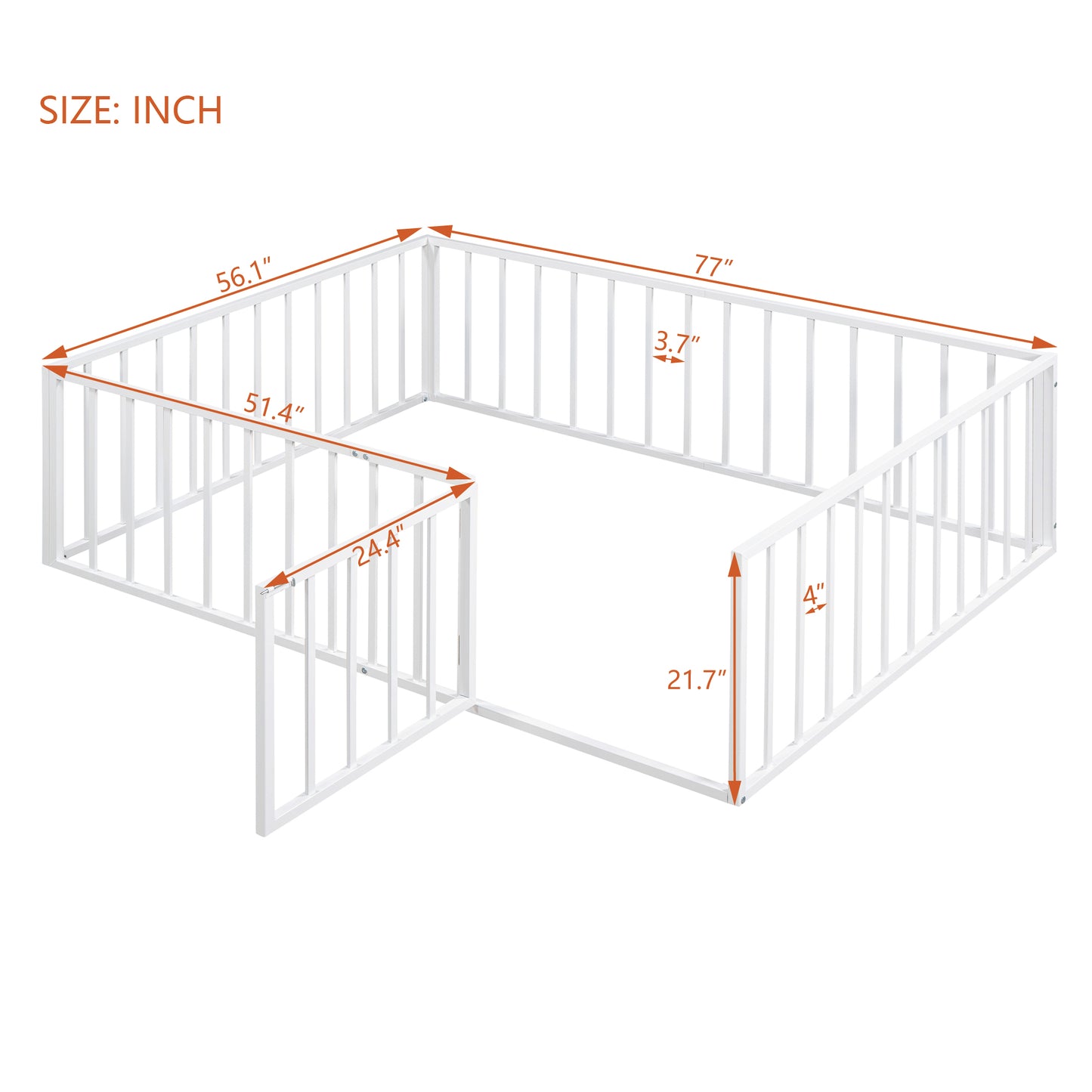 iRerts Full Floor Bed Frame, Metal Full Size Montessori Floor Bed Frame with Fence and Door, Kids Toddler Floor Bed Frame Full Size for Girls Boys, Twin Bed Frame without Bed Slats, White